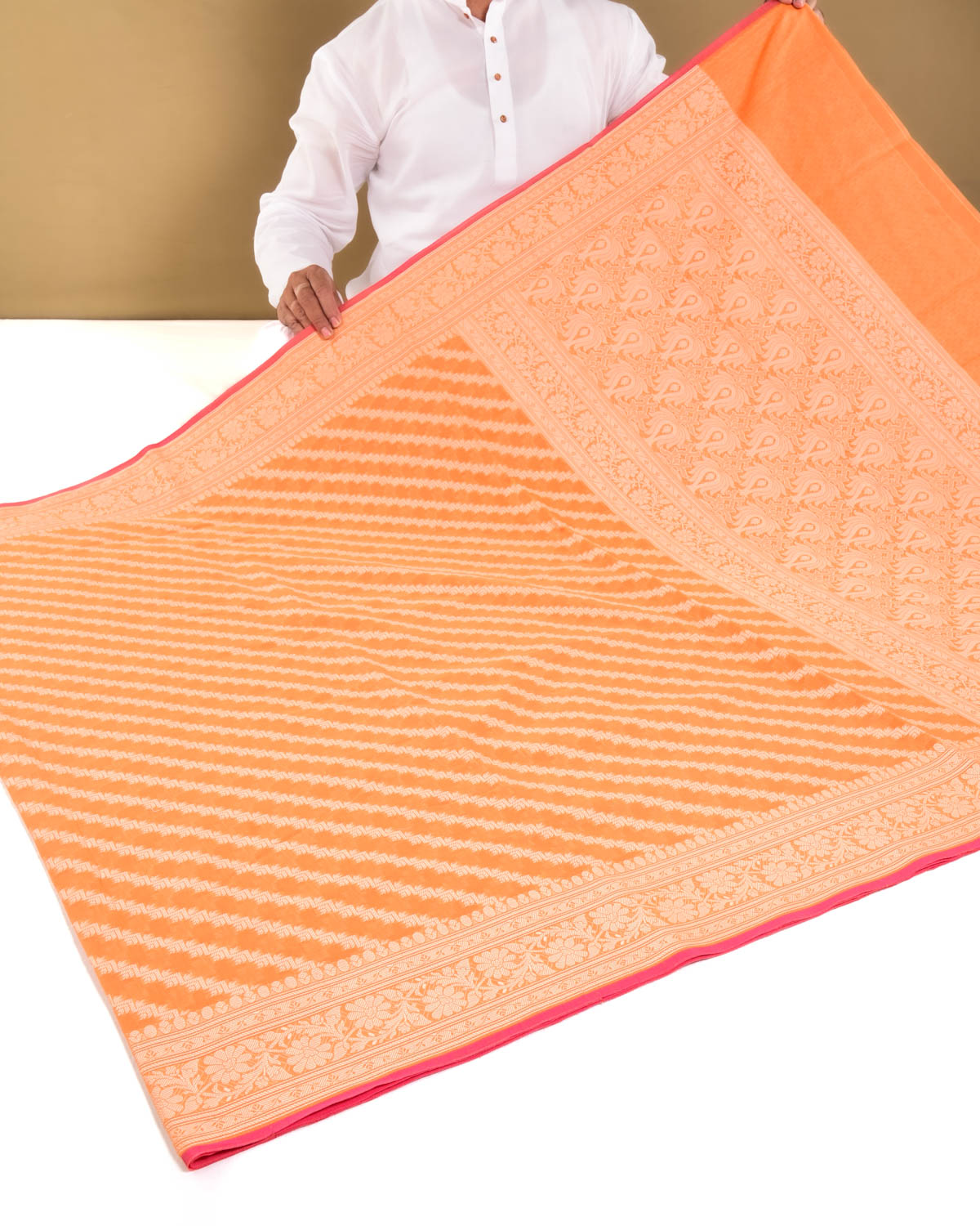 Orange Banarasi Resham Diagonal Aada Cutwork Brocade Woven Art Cotton Silk Saree - By HolyWeaves, Benares