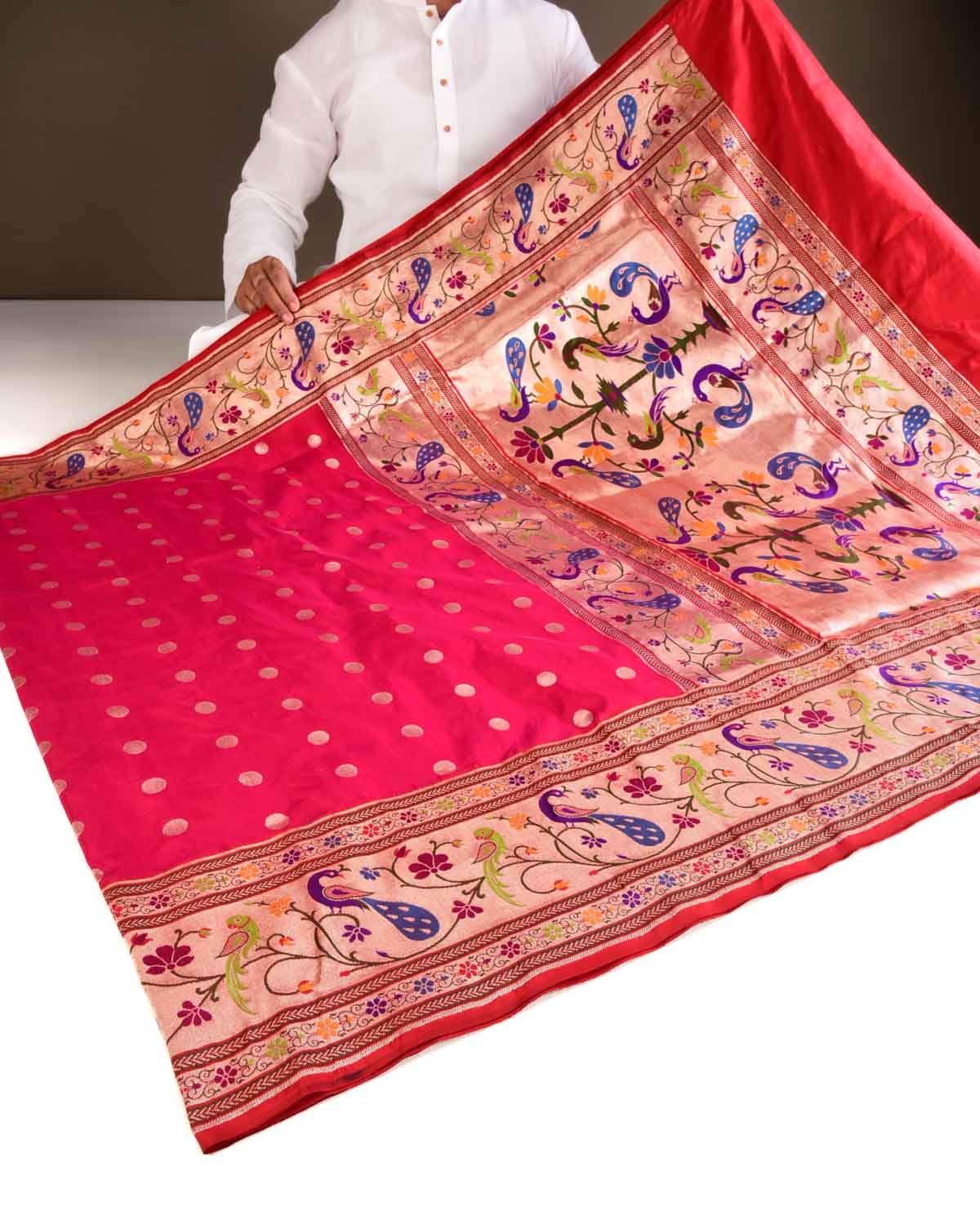 Shot Pink-Red Banarasi Gold Zari Meena Parrot & Peacock Paithani Cutwork Brocade Handwoven Katan Silk Saree - By HolyWeaves, Benares