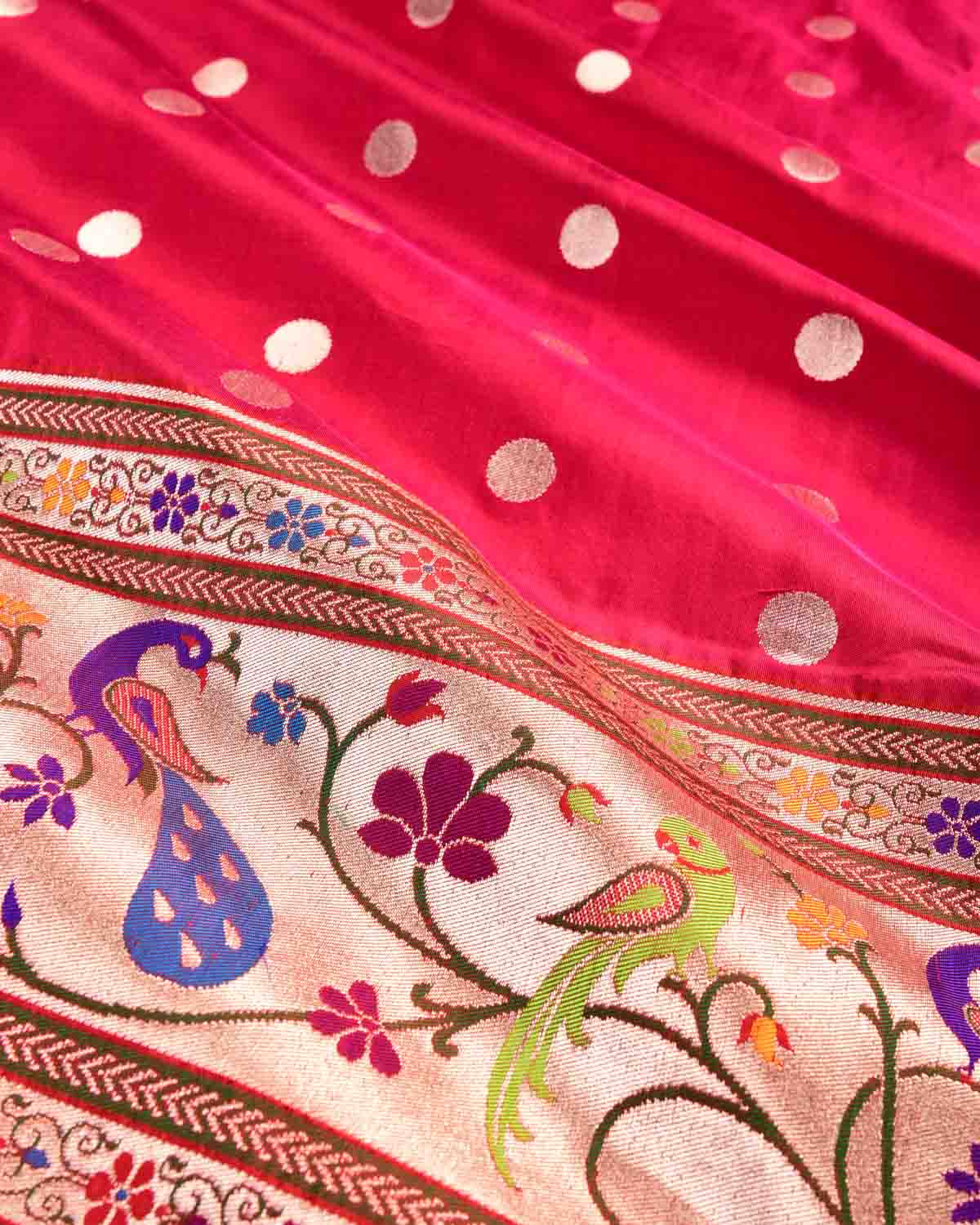 Shot Pink-Red Banarasi Gold Zari Meena Parrot & Peacock Paithani Cutwork Brocade Handwoven Katan Silk Saree - By HolyWeaves, Benares