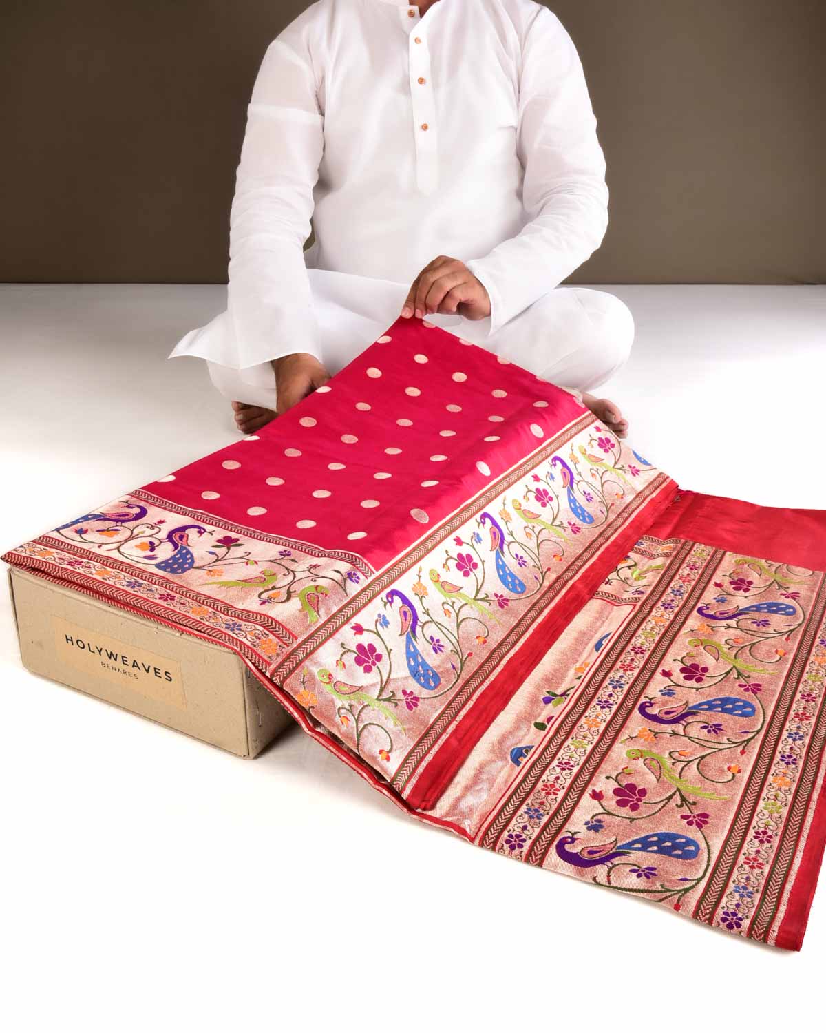 Shot Pink-Red Banarasi Gold Zari Meena Parrot & Peacock Paithani Cutwork Brocade Handwoven Katan Silk Saree - By HolyWeaves, Benares