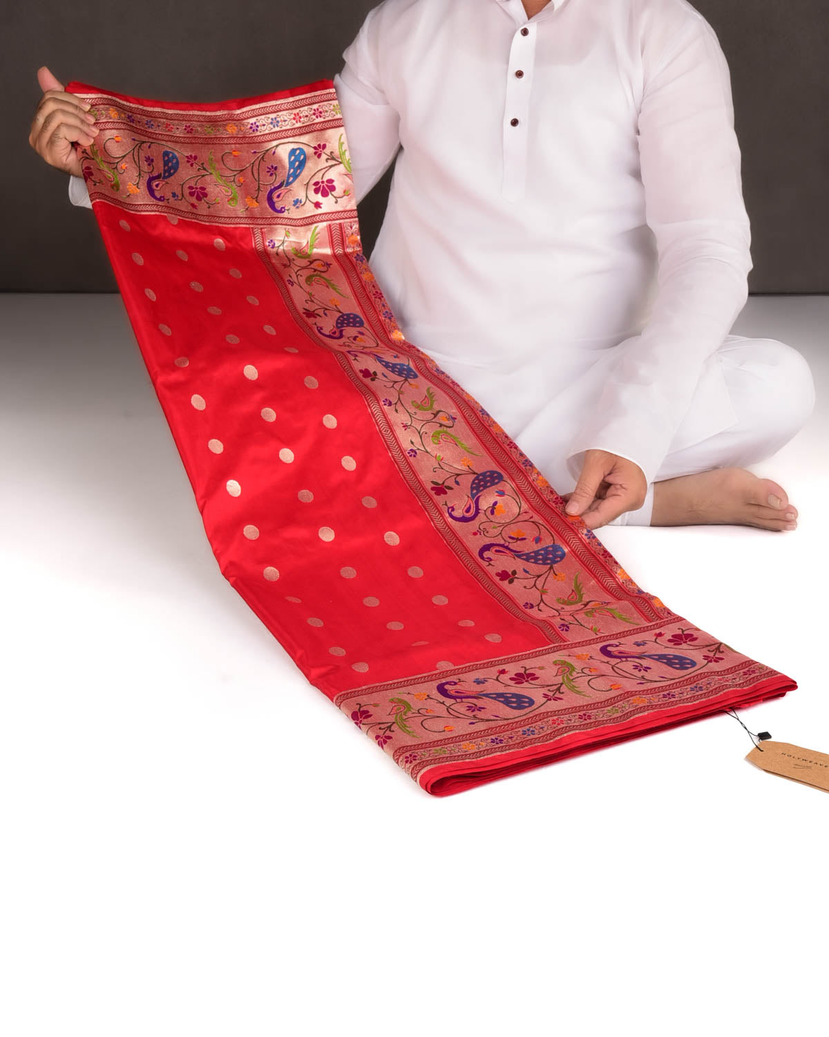 Bridal Red Gold Zari Meena Paithani Parrot & Peacock Cutwork Brocade Handwoven Katan Silk Banarasi Saree-HolyWeaves