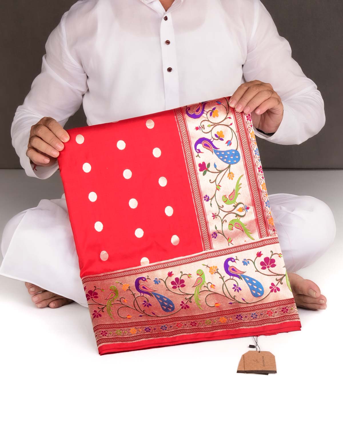 Bridal Red Gold Zari Meena Paithani Parrot & Peacock Cutwork Brocade Handwoven Katan Silk Banarasi Saree-HolyWeaves