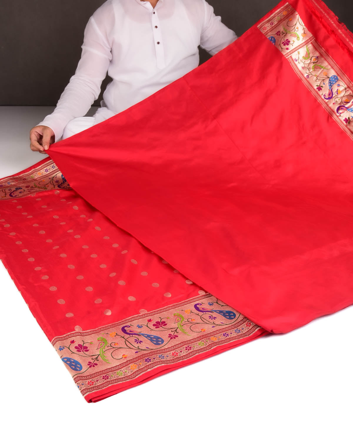 Bridal Red Gold Zari Meena Paithani Parrot & Peacock Cutwork Brocade Handwoven Katan Silk Banarasi Saree-HolyWeaves