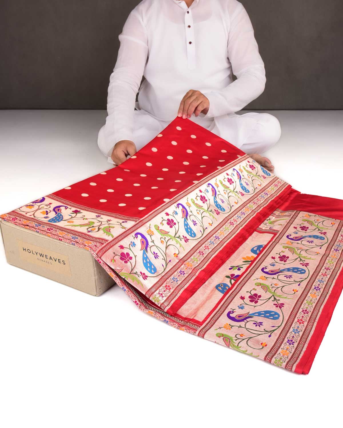 Bridal Red Gold Zari Meena Paithani Parrot & Peacock Cutwork Brocade Handwoven Katan Silk Banarasi Saree-HolyWeaves