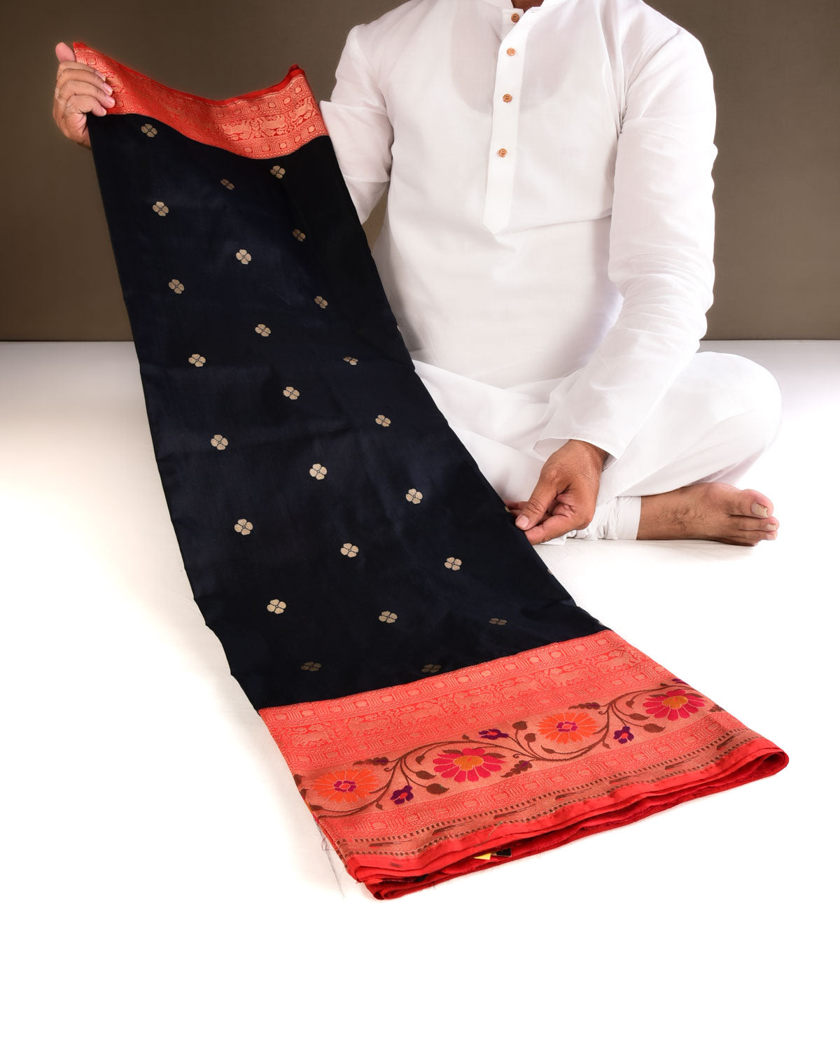 Black Banarasi Gold Zari Paithani Cutwork Brocade Handwoven Katan Silk Saree with Contrast Red Border & Pallu - By HolyWeaves, Benares