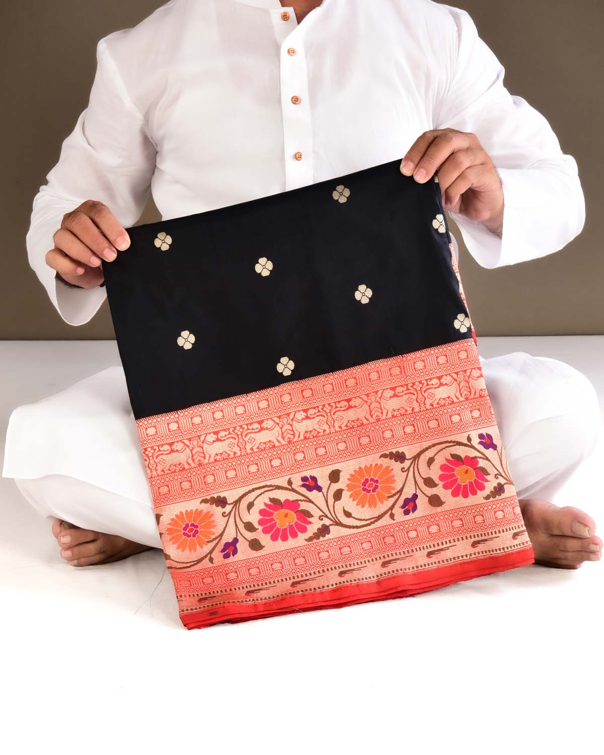 Black Banarasi Gold Zari Paithani Cutwork Brocade Handwoven Katan Silk Saree with Contrast Red Border & Pallu - By HolyWeaves, Benares