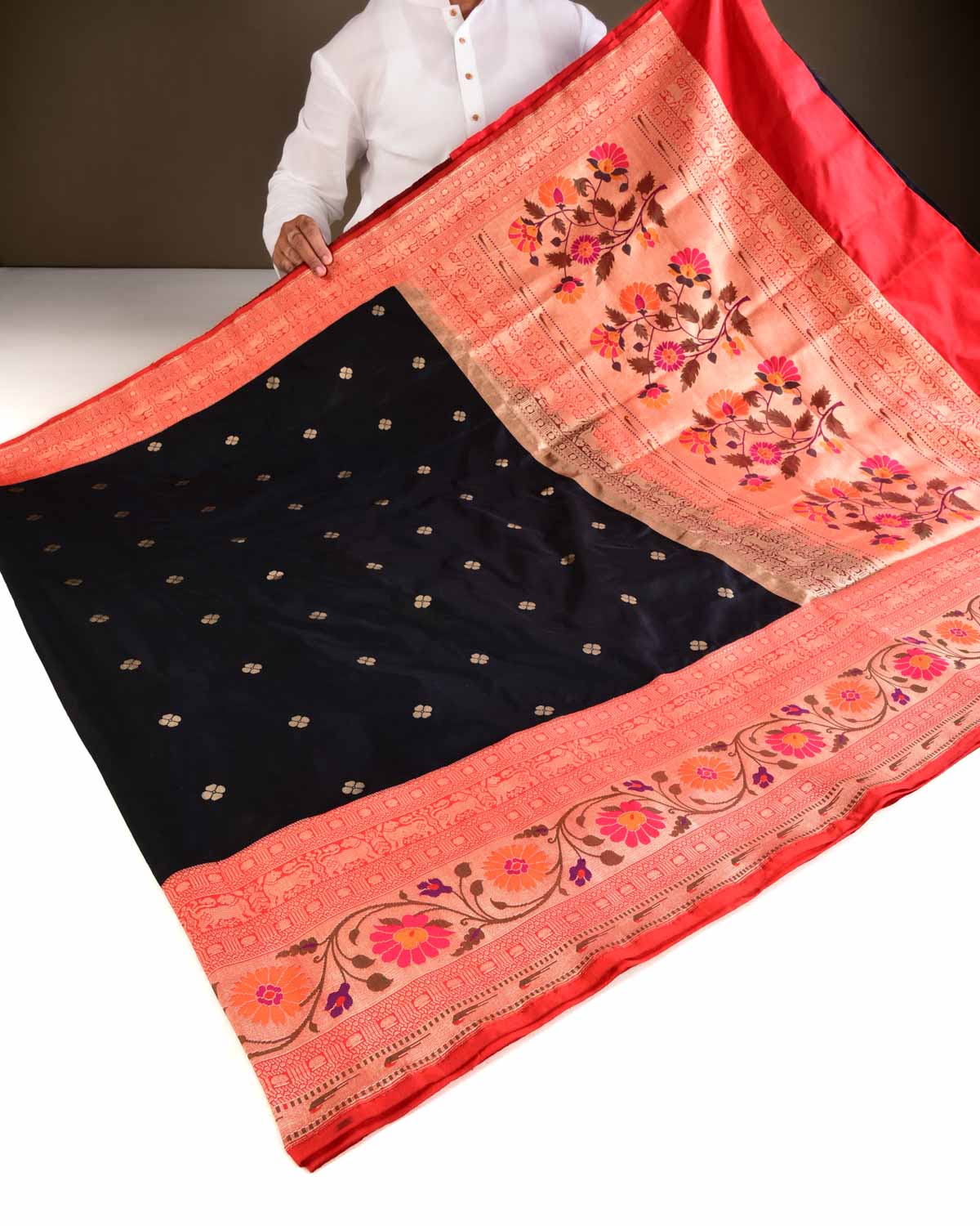Black Banarasi Gold Zari Paithani Cutwork Brocade Handwoven Katan Silk Saree with Contrast Red Border & Pallu - By HolyWeaves, Benares