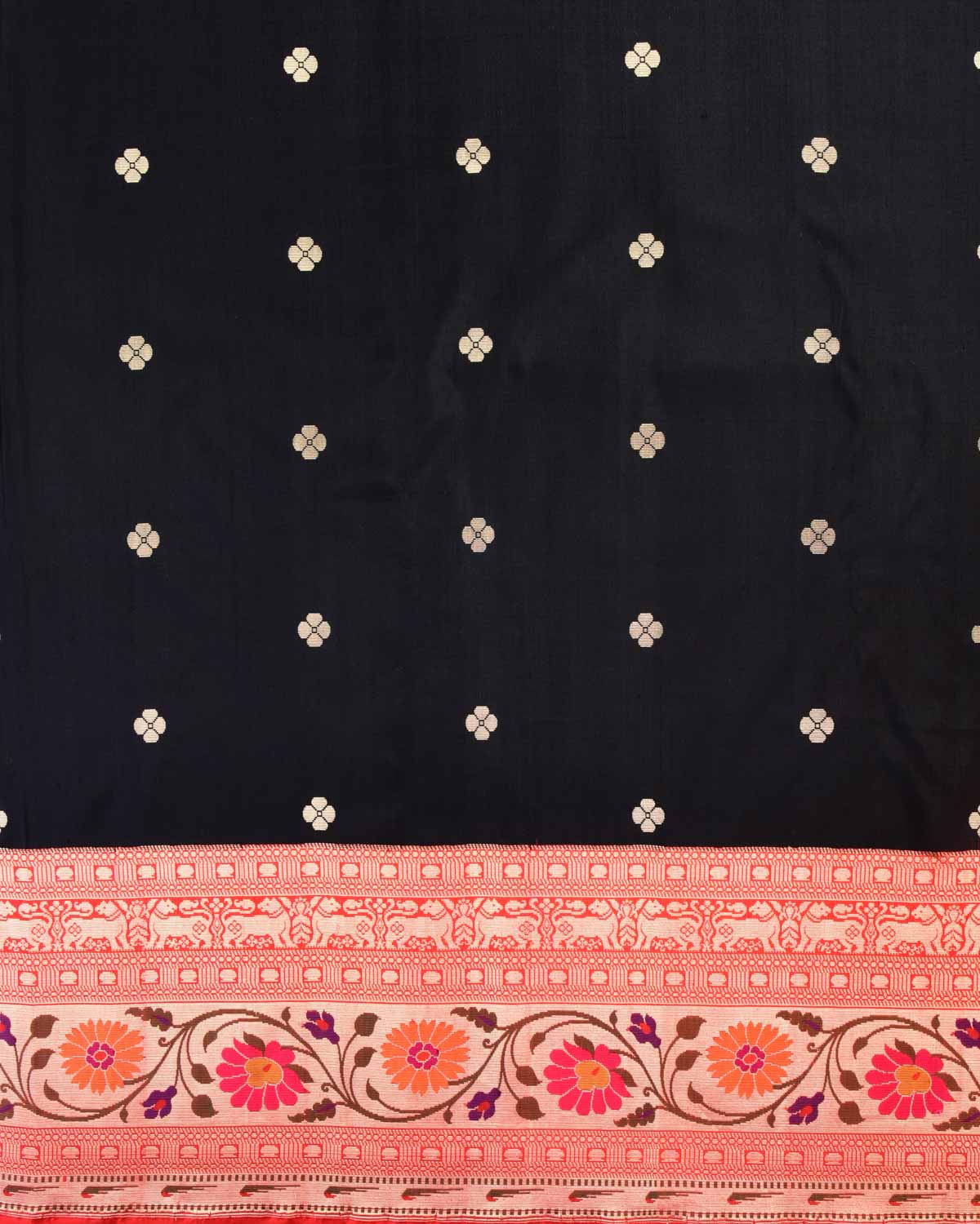 Black Banarasi Gold Zari Paithani Cutwork Brocade Handwoven Katan Silk Saree with Contrast Red Border & Pallu - By HolyWeaves, Benares