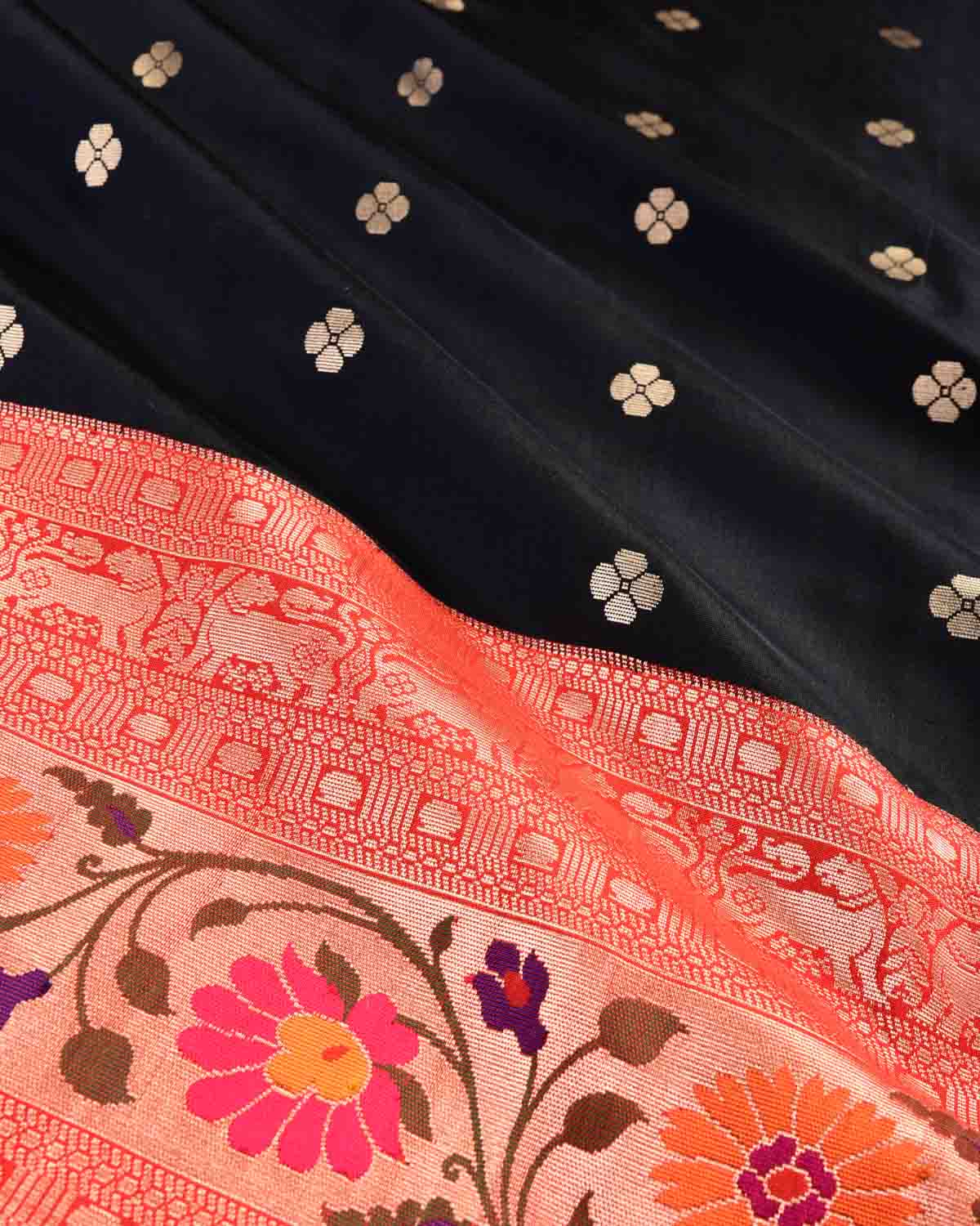 Black Banarasi Gold Zari Paithani Cutwork Brocade Handwoven Katan Silk Saree with Contrast Red Border & Pallu - By HolyWeaves, Benares