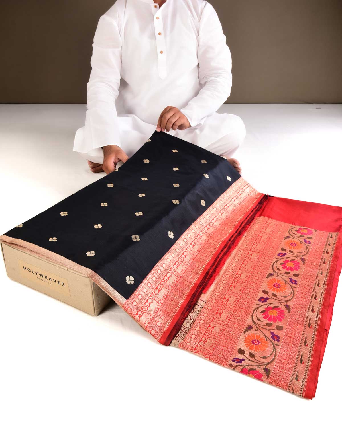 Black Banarasi Gold Zari Paithani Cutwork Brocade Handwoven Katan Silk Saree with Contrast Red Border & Pallu - By HolyWeaves, Benares