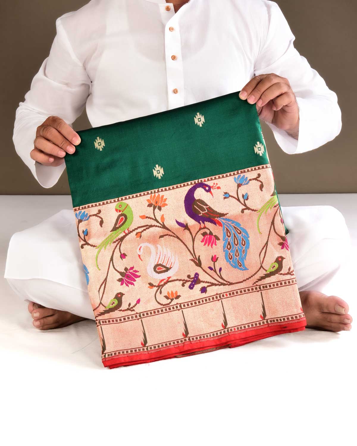 Green Banarasi Deer Peacock Parrot & Swan Paithani Cutwork Brocade Handwoven Katan Silk Saree - By HolyWeaves, Benares
