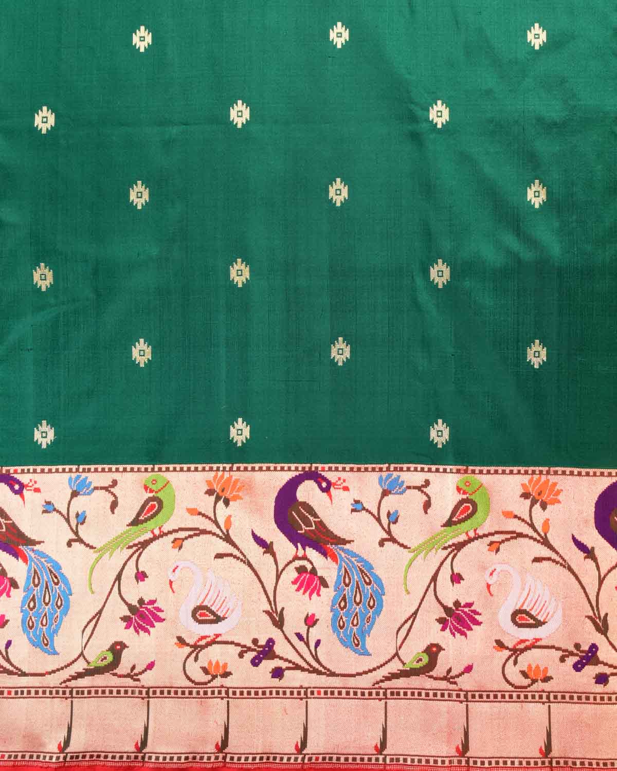 Green Banarasi Deer Peacock Parrot & Swan Paithani Cutwork Brocade Handwoven Katan Silk Saree - By HolyWeaves, Benares
