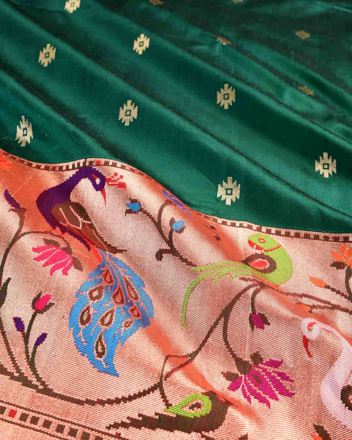 Green Banarasi Deer Peacock Parrot & Swan Paithani Cutwork Brocade Handwoven Katan Silk Saree - By HolyWeaves, Benares