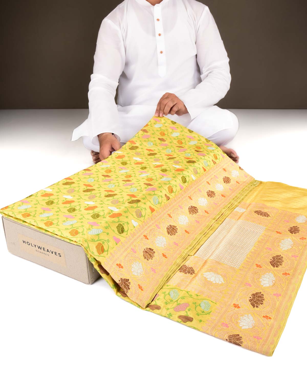 Lime Green Banarasi Tehri Zari & Resham Cutwork Brocade Handwoven Katan Silk Saree-HolyWeaves