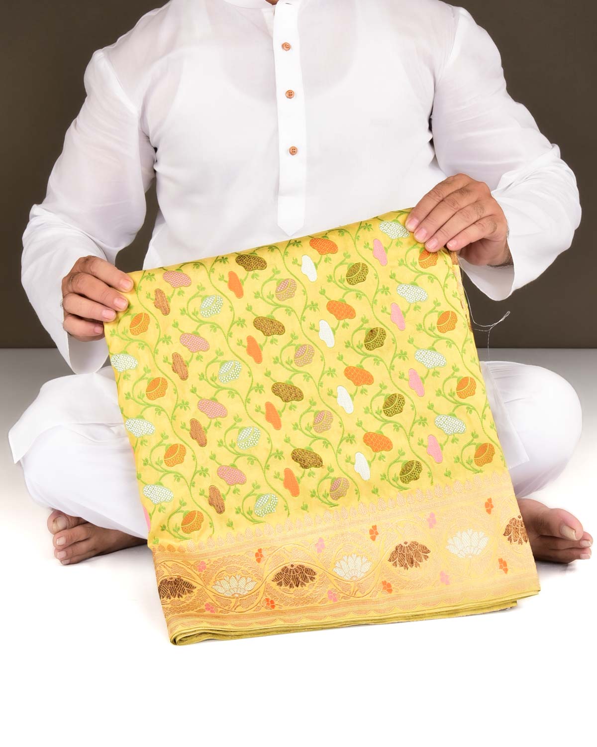 Lime Green Banarasi Tehri Zari & Resham Cutwork Brocade Handwoven Katan Silk Saree-HolyWeaves