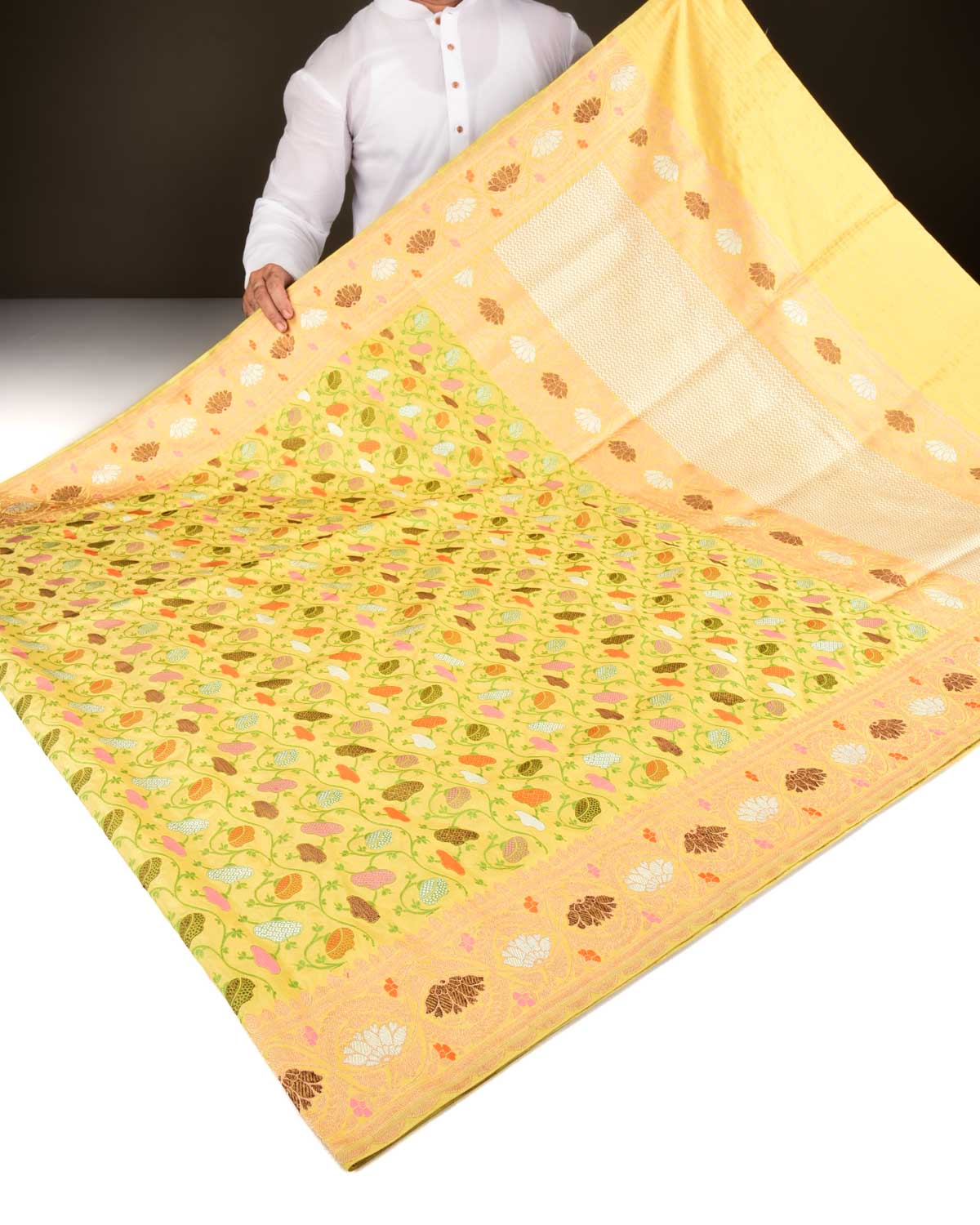 Lime Green Banarasi Tehri Zari & Resham Cutwork Brocade Handwoven Katan Silk Saree-HolyWeaves