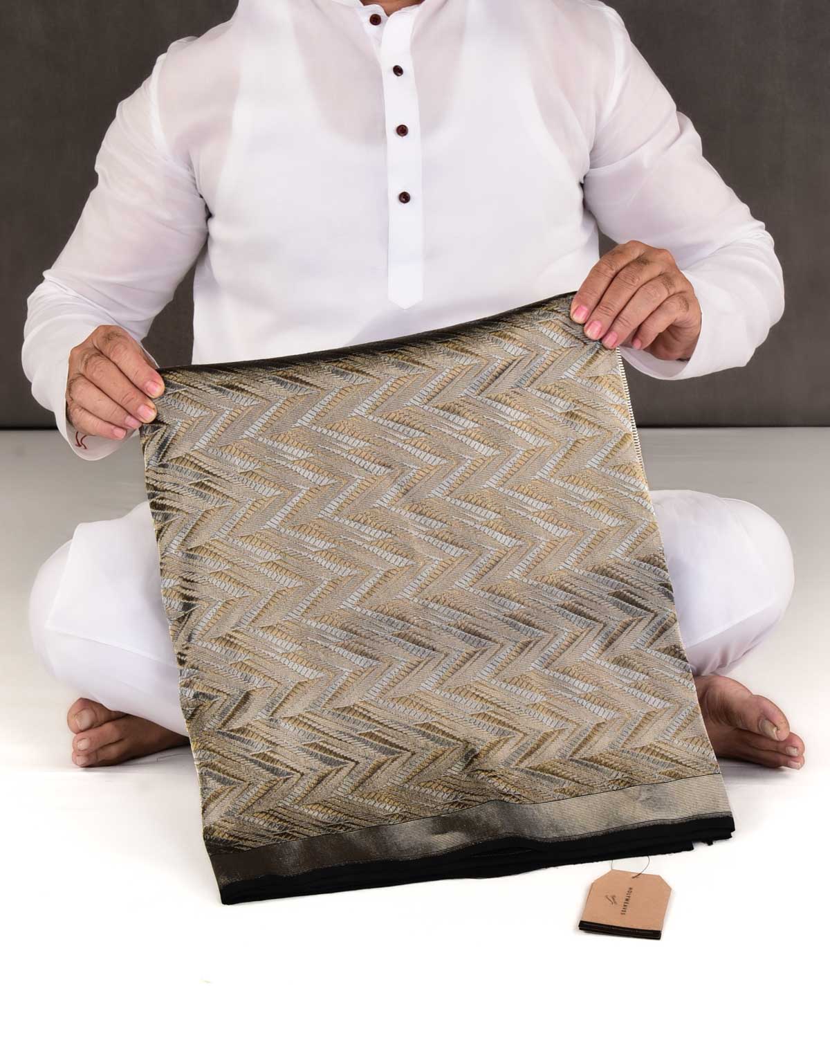 Black Banarasi Gold & Silver Zari Alfi Chevron Brocade Handwoven Katan Silk Saree-HolyWeaves