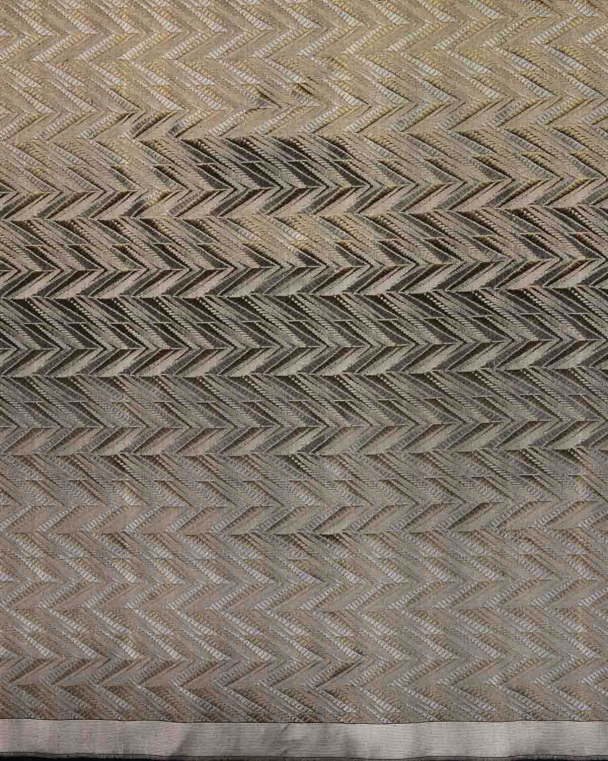 Black Banarasi Gold & Silver Zari Alfi Chevron Brocade Handwoven Katan Silk Saree-HolyWeaves