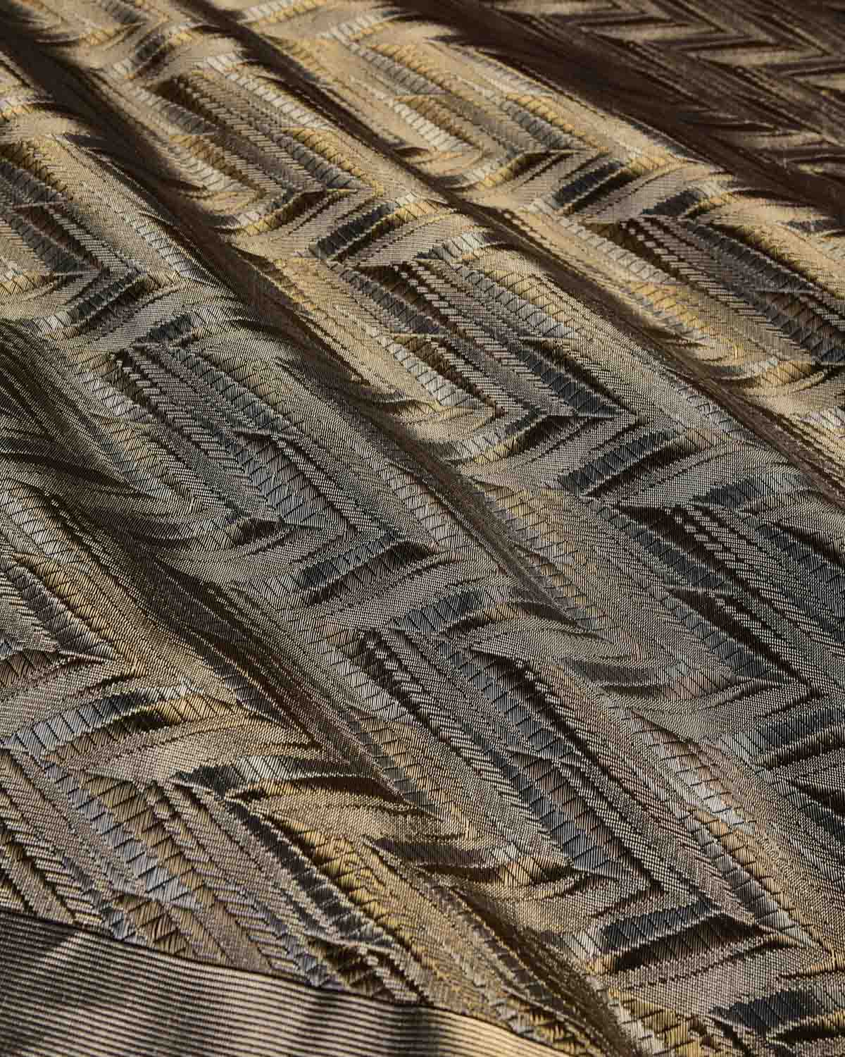 Black Banarasi Gold & Silver Zari Alfi Chevron Brocade Handwoven Katan Silk Saree-HolyWeaves