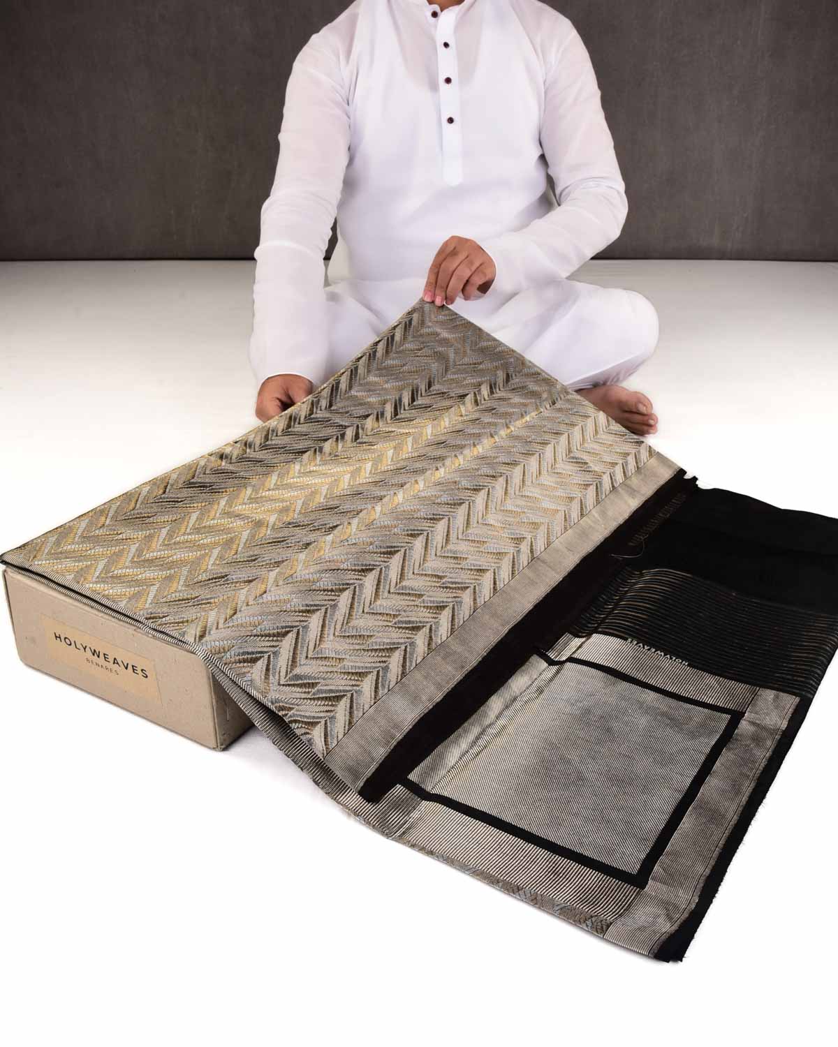 Black Banarasi Gold & Silver Zari Alfi Chevron Brocade Handwoven Katan Silk Saree-HolyWeaves
