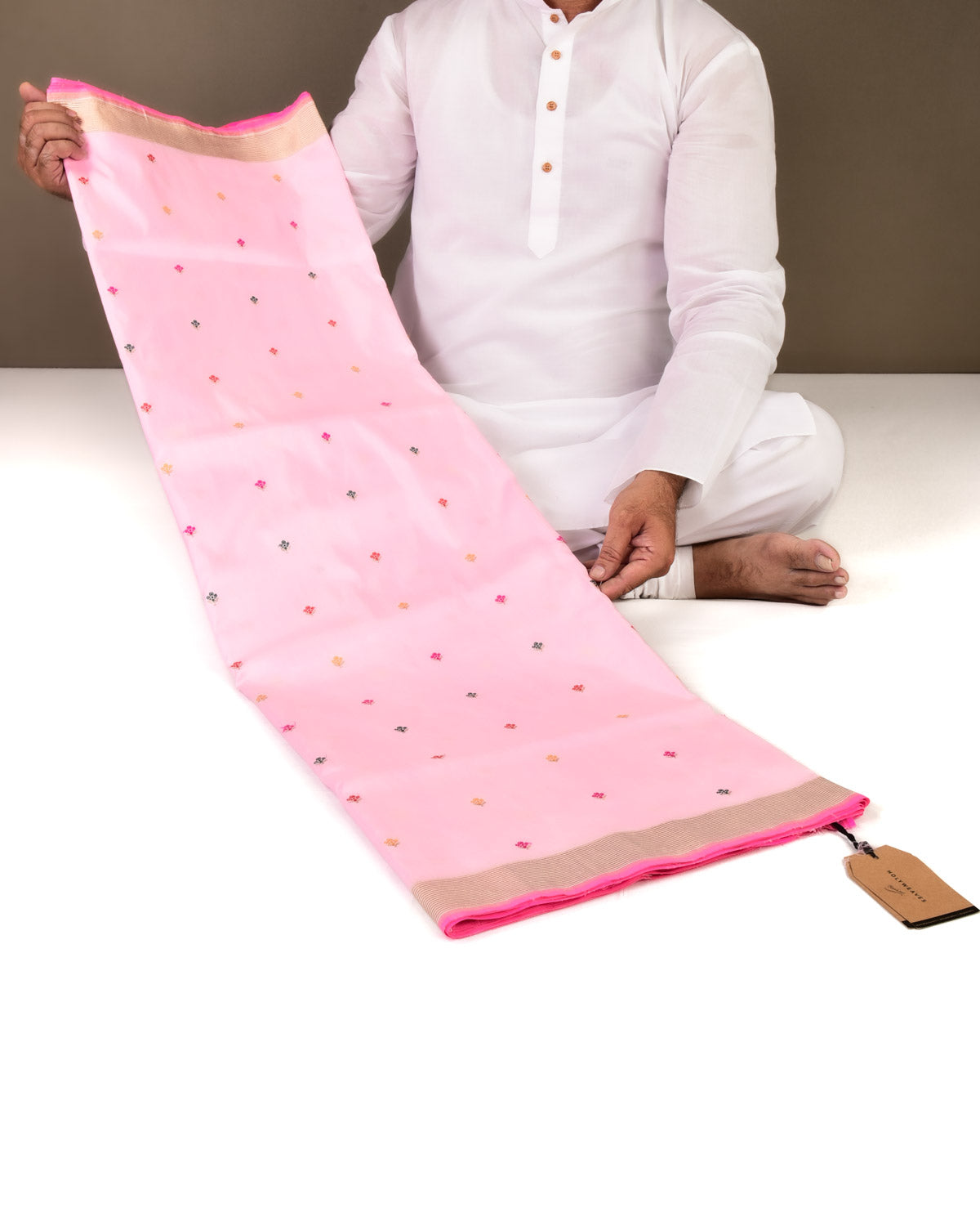Pink Banarasi Multi-color Alfi Buti Kadhuan Brocade Handwoven Katan Silk Saree-HolyWeaves