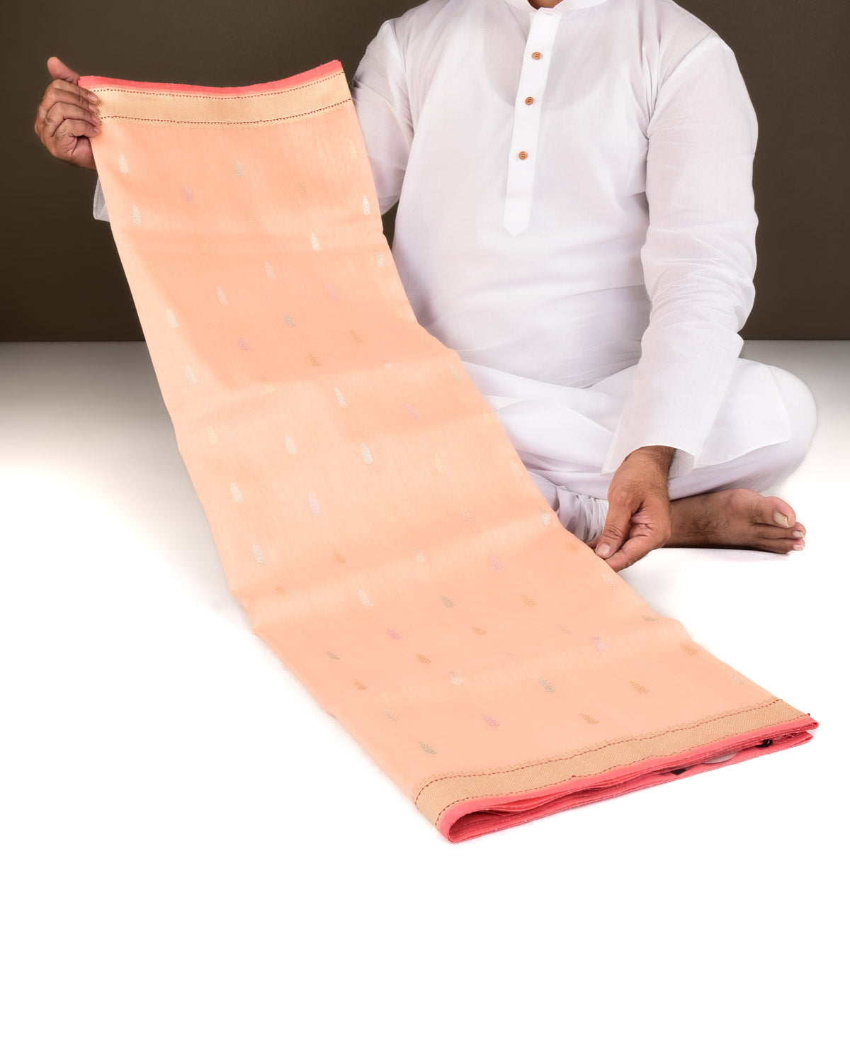 Peach Banarasi Colored Zari Buti Kadhuan Brocade Handwoven Linen Silk Saree-HolyWeaves