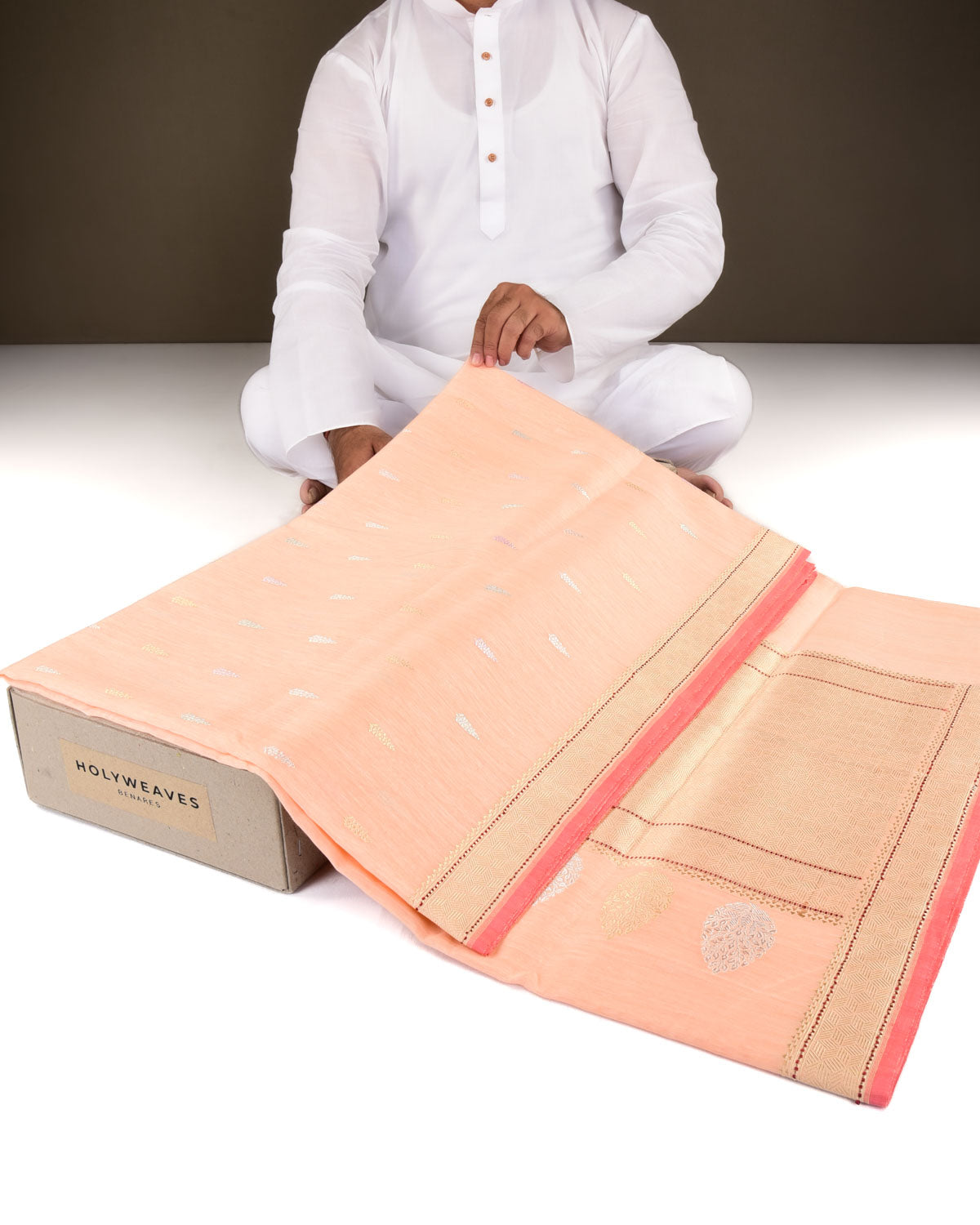 Peach Banarasi Colored Zari Buti Kadhuan Brocade Handwoven Linen Silk Saree-HolyWeaves