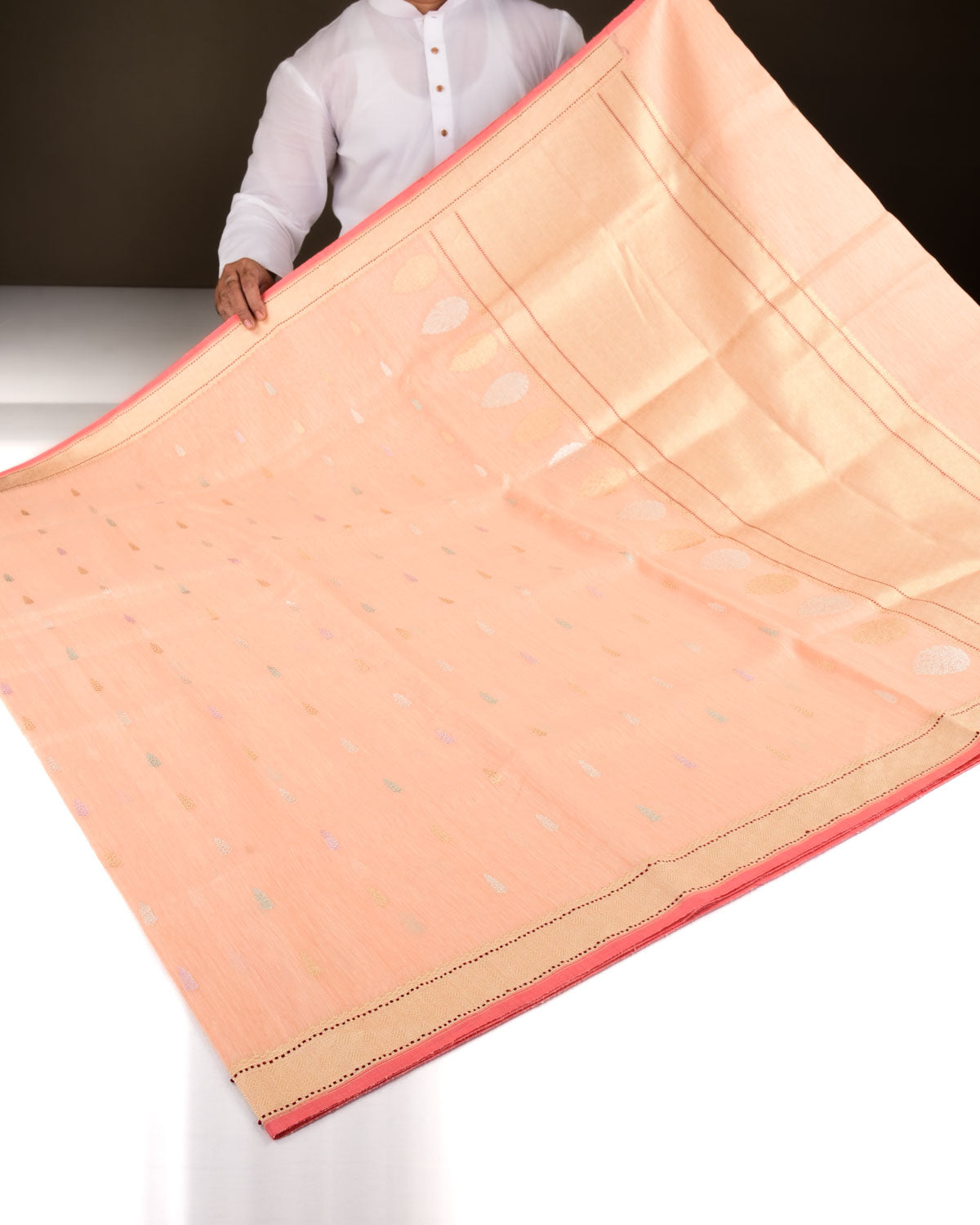 Peach Banarasi Colored Zari Buti Kadhuan Brocade Handwoven Linen Silk Saree-HolyWeaves