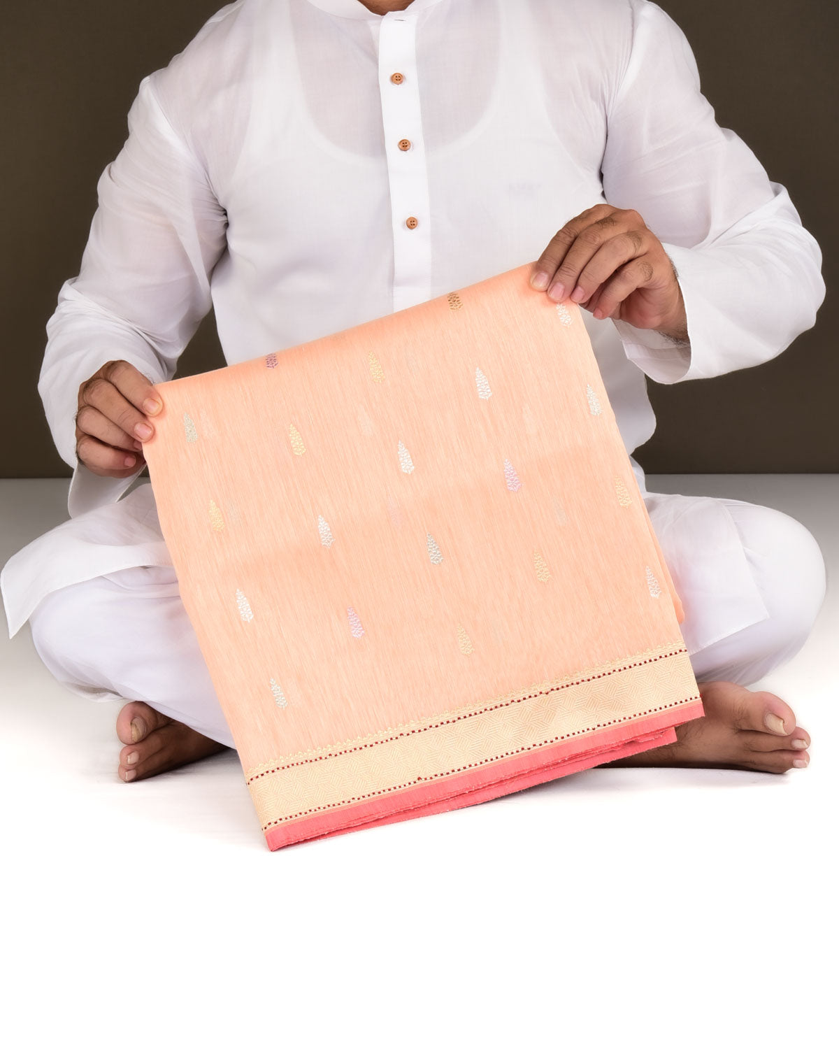 Peach Banarasi Colored Zari Buti Kadhuan Brocade Handwoven Linen Silk Saree-HolyWeaves