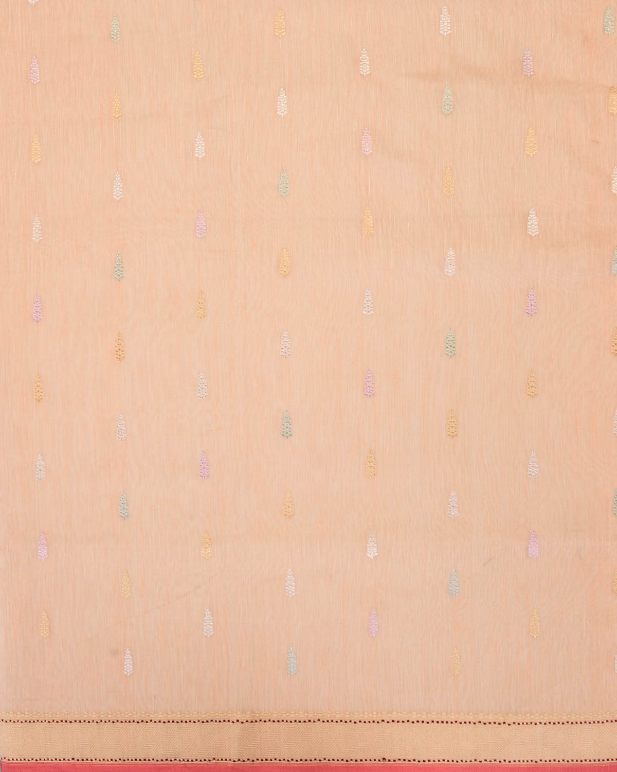 Peach Banarasi Colored Zari Buti Kadhuan Brocade Handwoven Linen Silk Saree-HolyWeaves