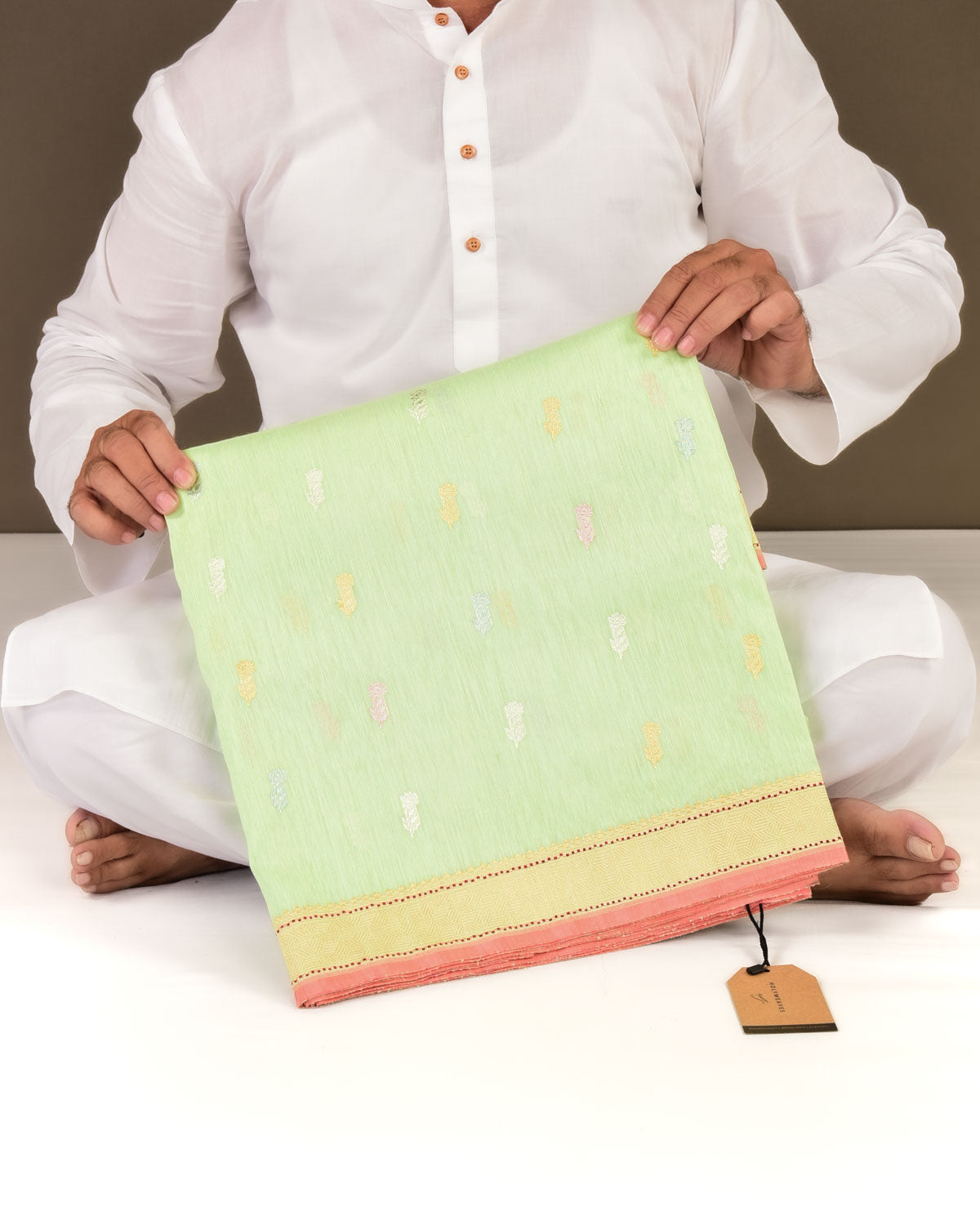 Green Banarasi Colored Gulab Zari Buti Kadhuan Brocade Handwoven Linen Silk Saree-HolyWeaves