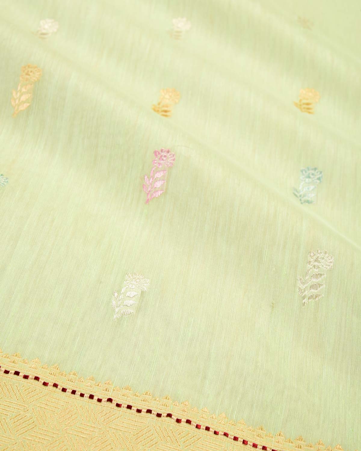 Green Banarasi Colored Gulab Zari Buti Kadhuan Brocade Handwoven Linen Silk Saree-HolyWeaves