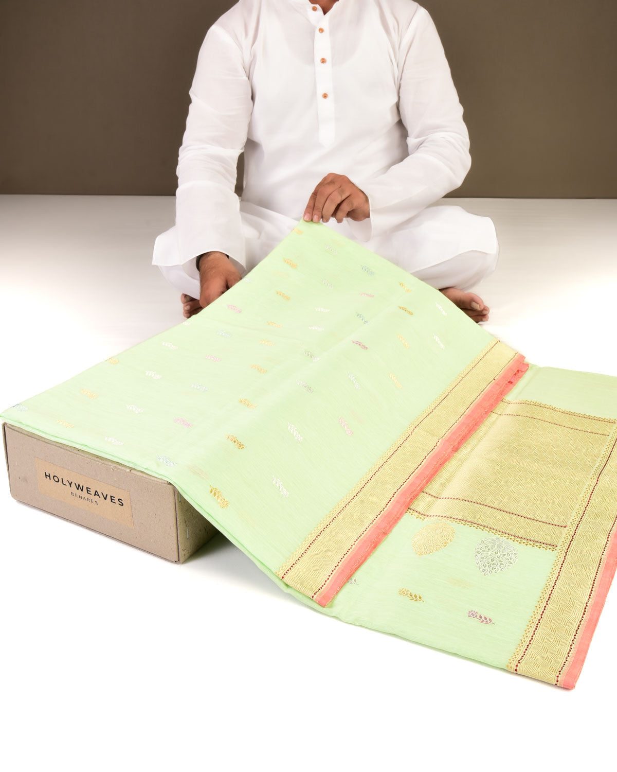 Green Banarasi Colored Gulab Zari Buti Kadhuan Brocade Handwoven Linen Silk Saree-HolyWeaves