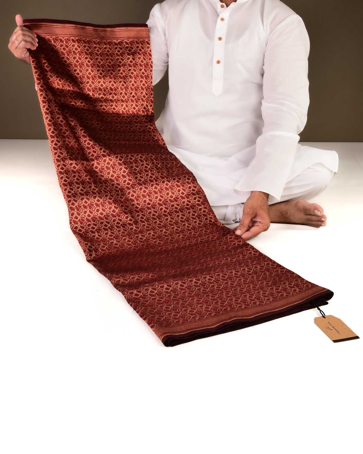 Maroon Banarasi African Tribal Copper Zari Resham Alfi Brocade Handwoven Katan Silk Saree-HolyWeaves