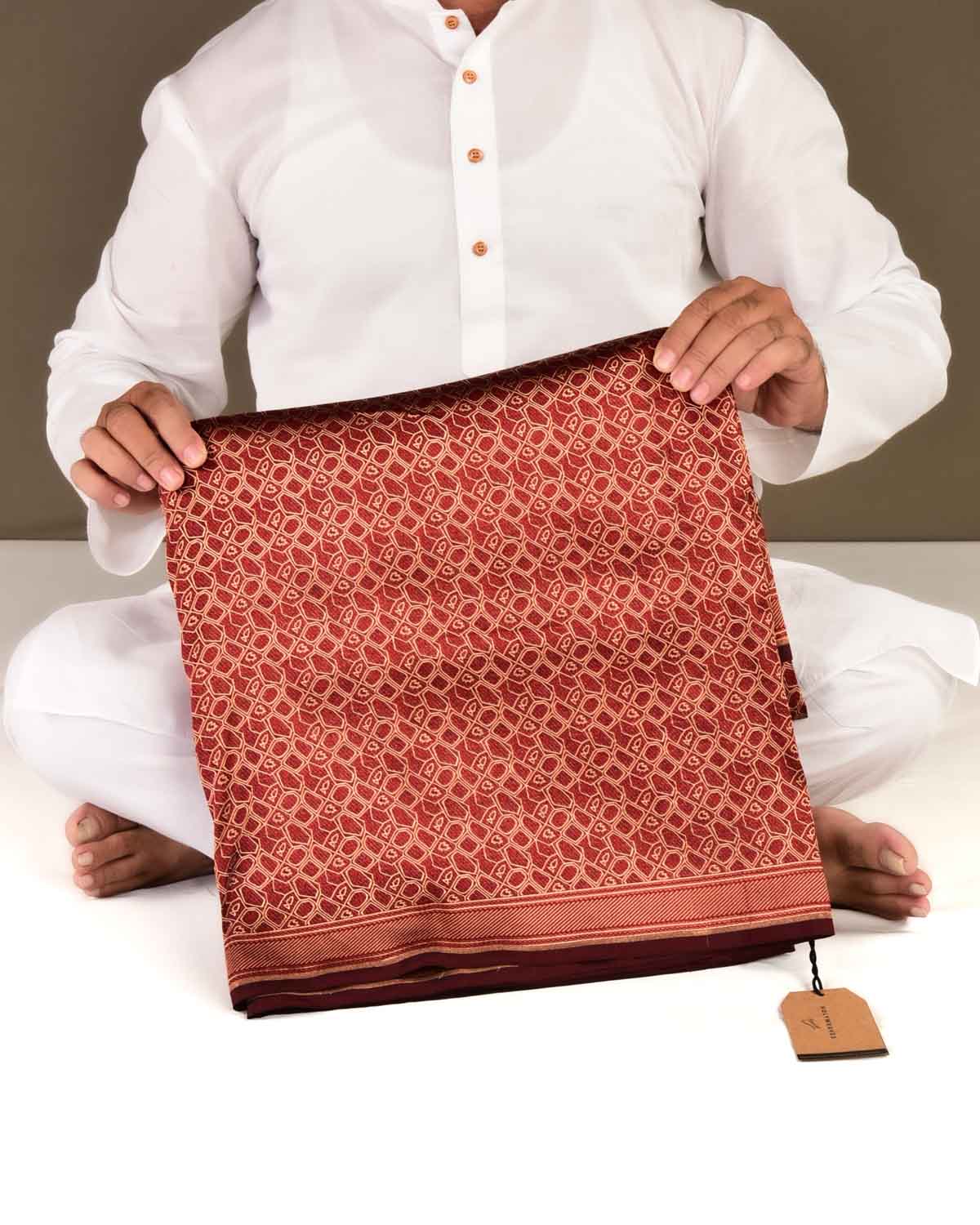 Maroon Banarasi African Tribal Copper Zari Resham Alfi Brocade Handwoven Katan Silk Saree-HolyWeaves