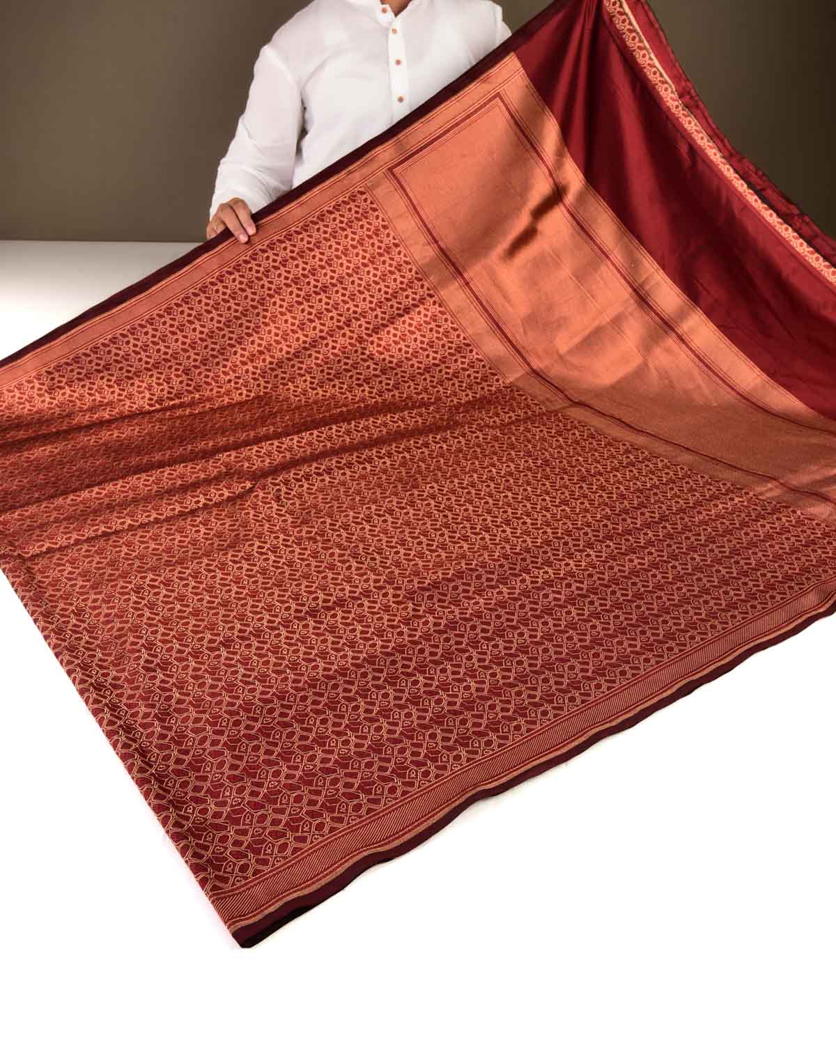Maroon Banarasi African Tribal Copper Zari Resham Alfi Brocade Handwoven Katan Silk Saree-HolyWeaves