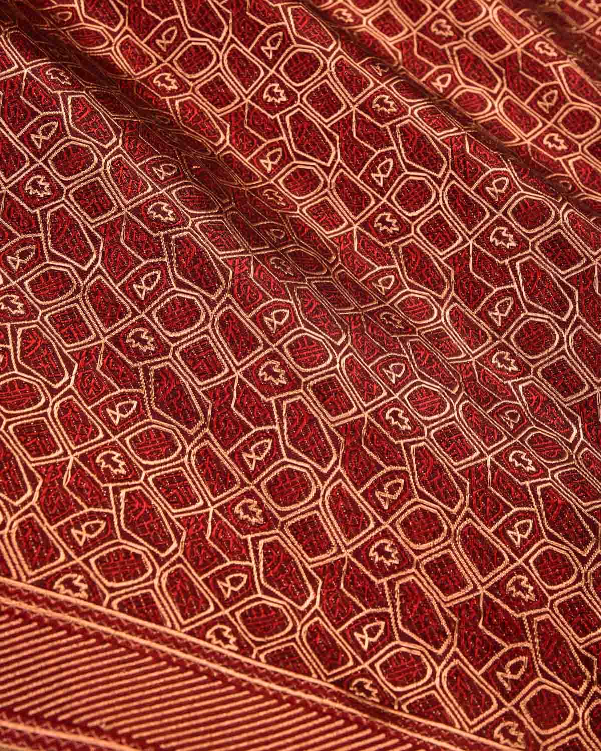 Maroon Banarasi African Tribal Copper Zari Resham Alfi Brocade Handwoven Katan Silk Saree-HolyWeaves
