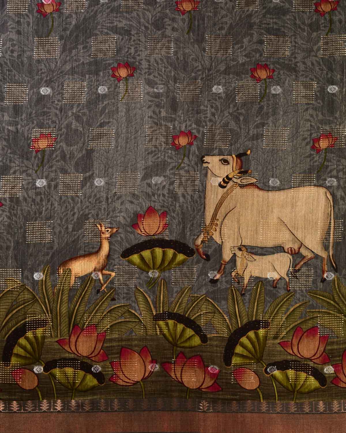 Gray Cow Deer & Peacock Digital Printed Woven Munga Silk Saree with Sona Rupa Zari Essence-HolyWeaves
