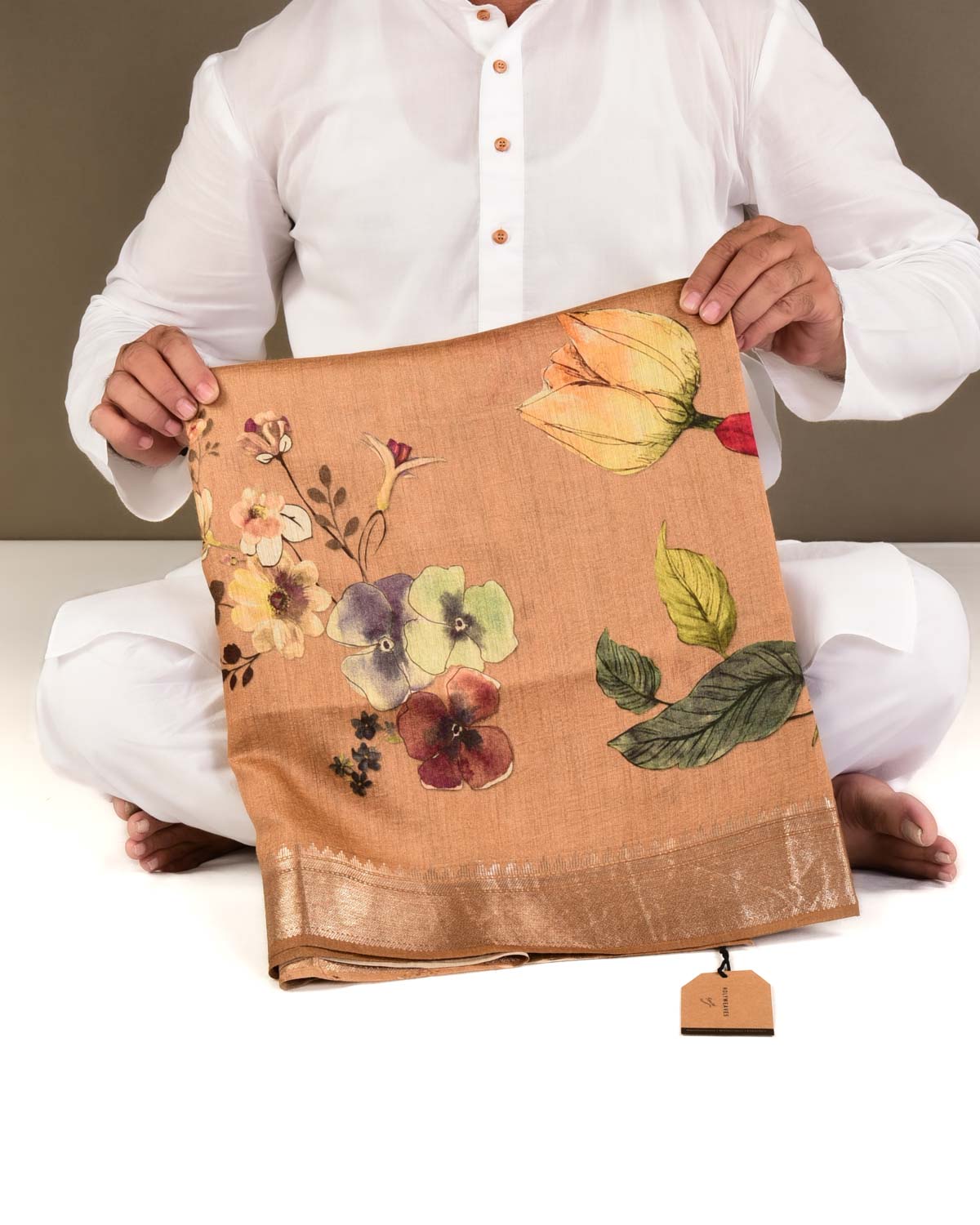 Beige Floral Jaal Printed Lightweight Muga Silk Saree with Zari Border-HolyWeaves