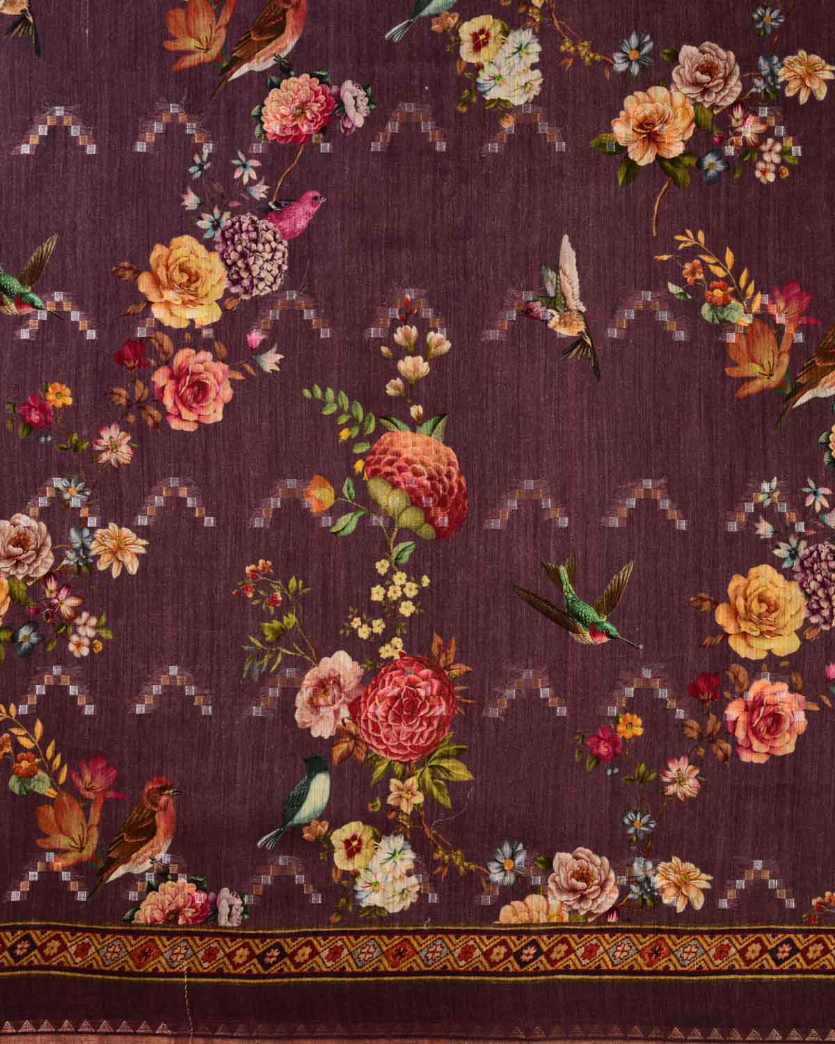Mauve Floral & Bird Digital Printed Woven Munga Silk Saree with Sona Rupa Zari Essence-HolyWeaves