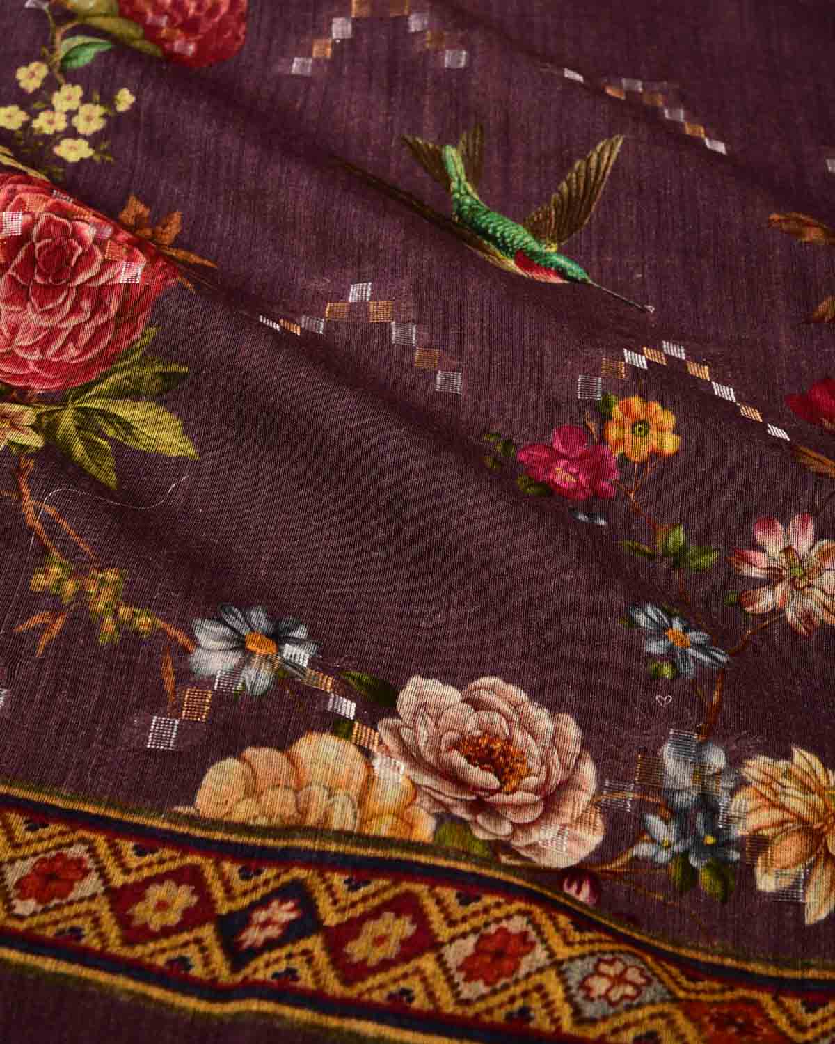 Mauve Floral & Bird Digital Printed Woven Munga Silk Saree with Sona Rupa Zari Essence-HolyWeaves