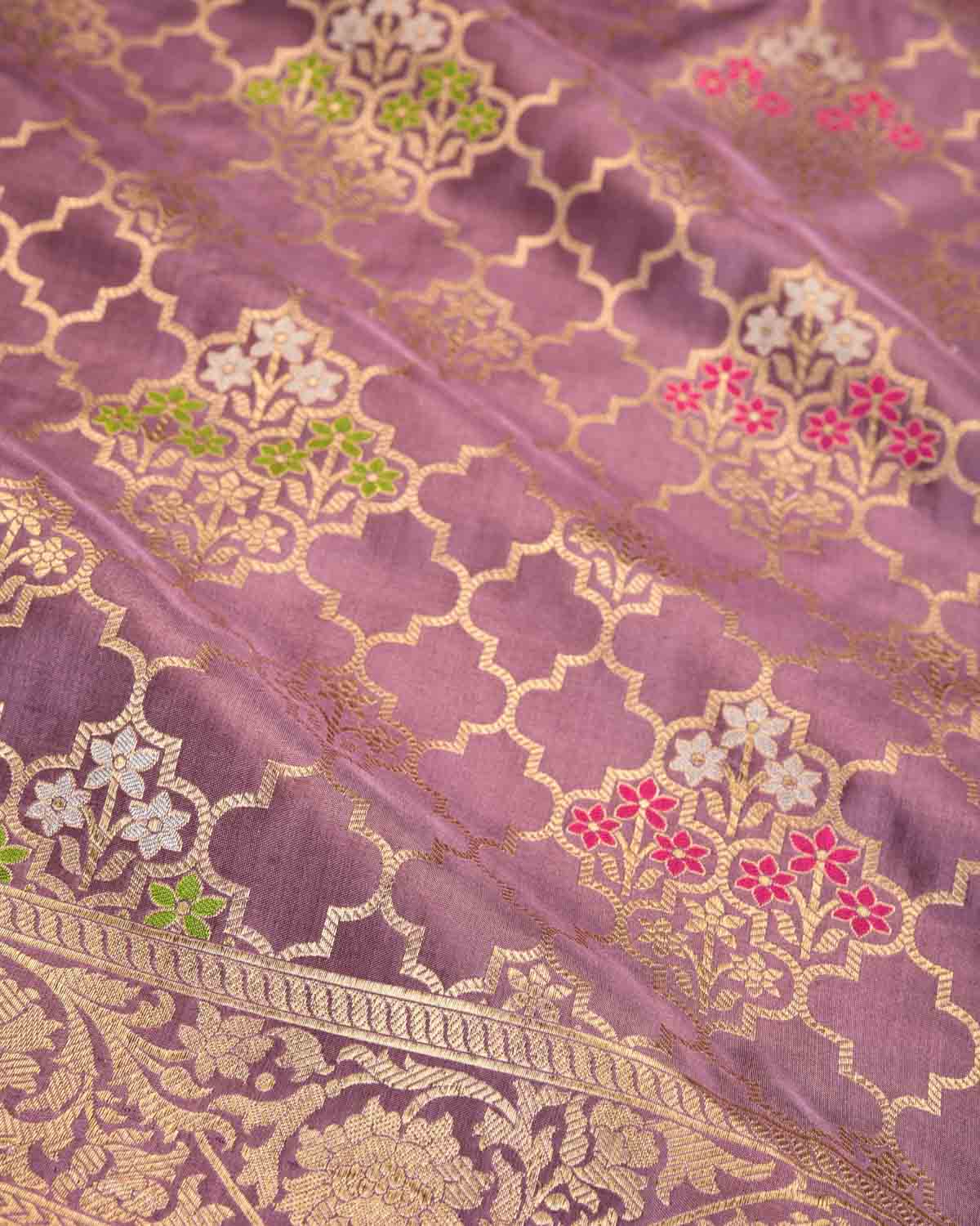 Mauve Banarasi Gold Zari & Resham Jharokha Cutwork Brocade Handwoven Katan Silk Saree-HolyWeaves