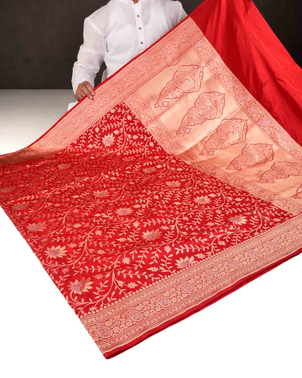 Bridal Red Banarasi Gold & Silver Zari Floral Jaal Cutwork Brocade Handwoven Katan Silk Saree-HolyWeaves