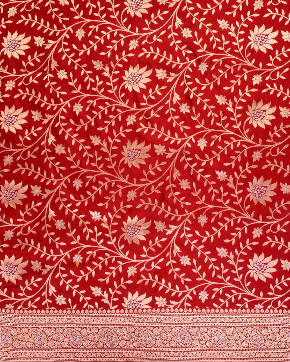 Bridal Red Banarasi Gold & Silver Zari Floral Jaal Cutwork Brocade Handwoven Katan Silk Saree-HolyWeaves