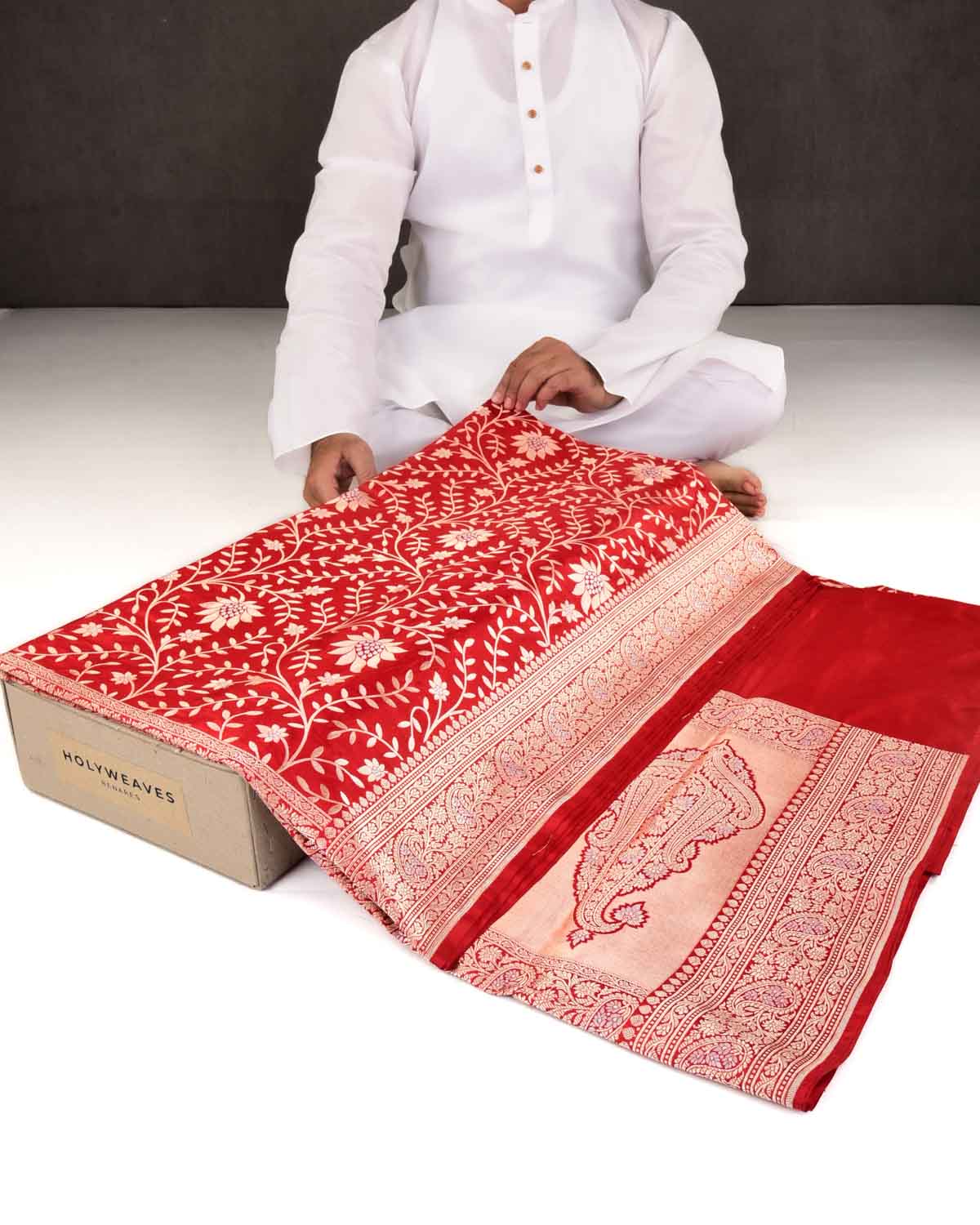 Bridal Red Banarasi Gold & Silver Zari Floral Jaal Cutwork Brocade Handwoven Katan Silk Saree-HolyWeaves