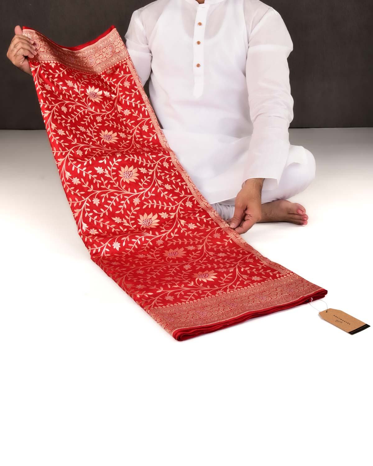 Bridal Red Banarasi Gold & Silver Zari Floral Jaal Cutwork Brocade Handwoven Katan Silk Saree-HolyWeaves