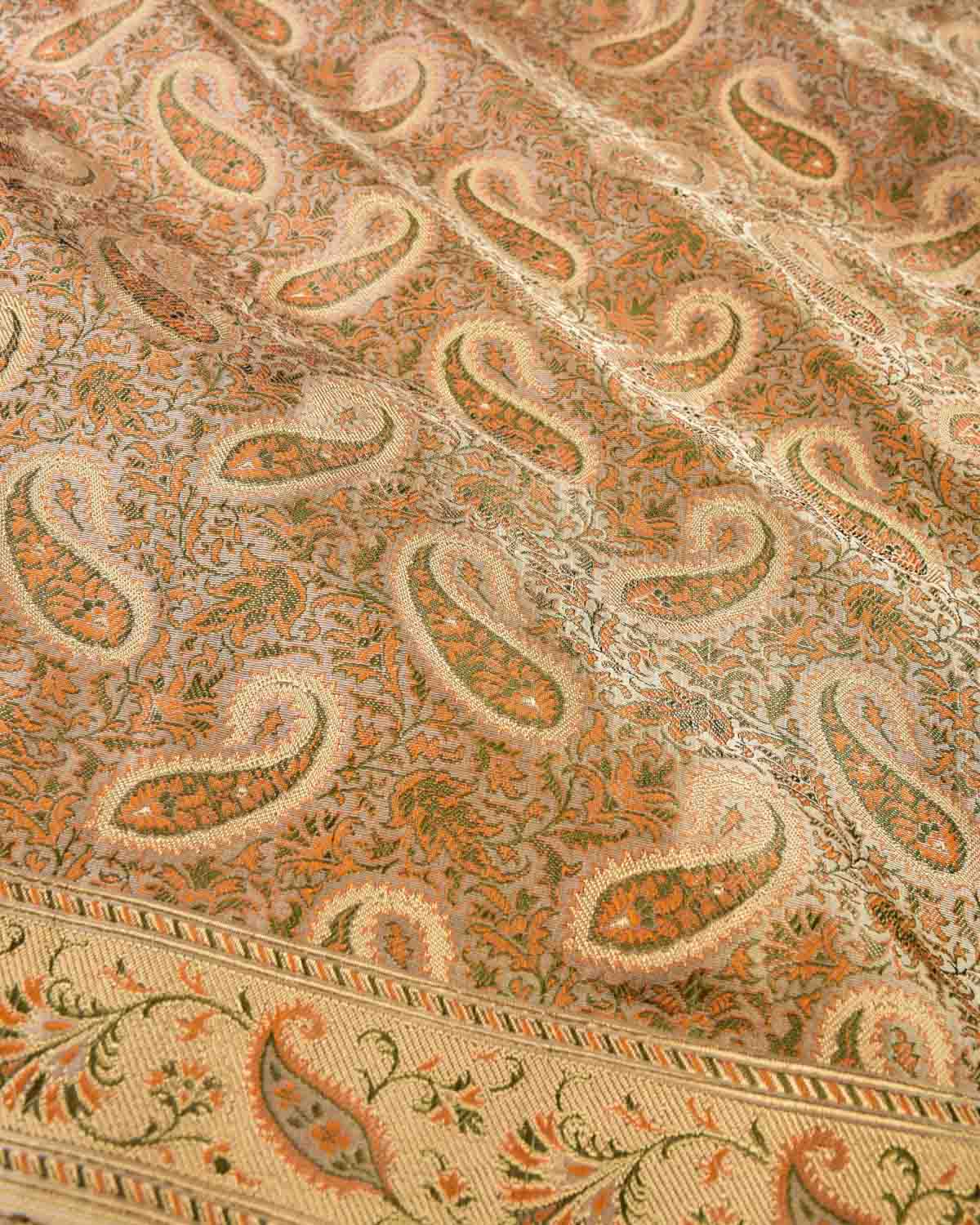 Beige Banarasi Paisely Brocade Handwoven Katan Jamawar Saree with Zari Cutwork-HolyWeaves