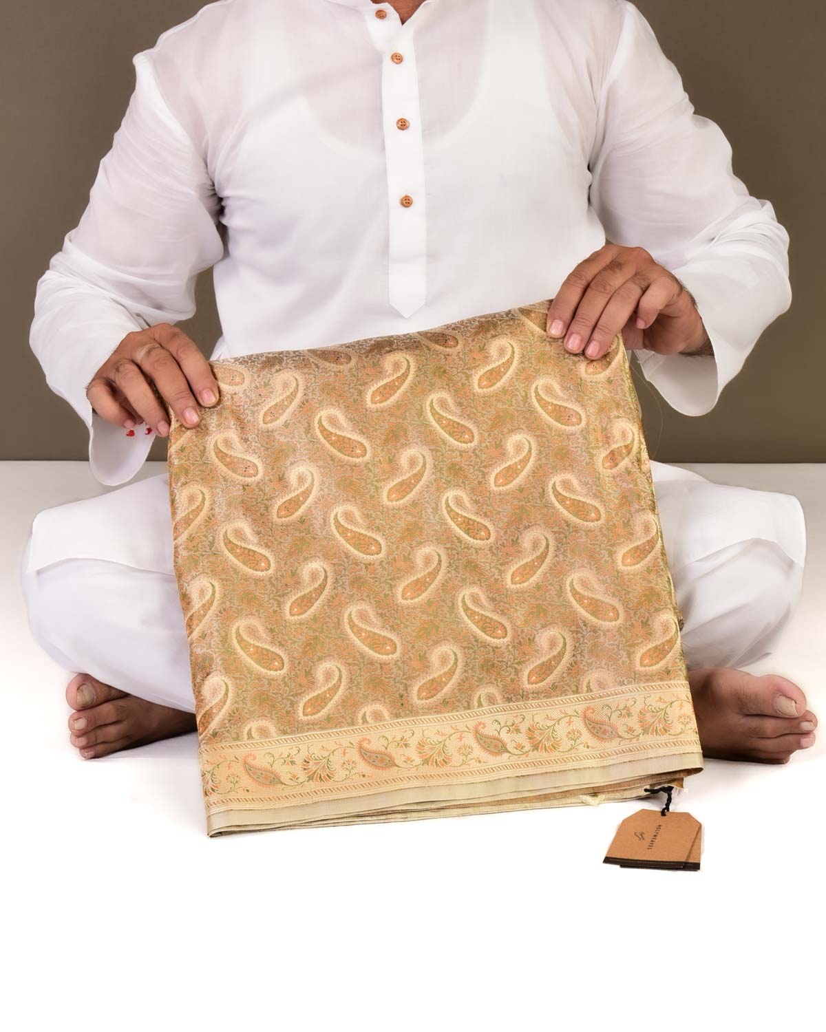 Beige Banarasi Paisely Brocade Handwoven Katan Jamawar Saree with Zari Cutwork-HolyWeaves