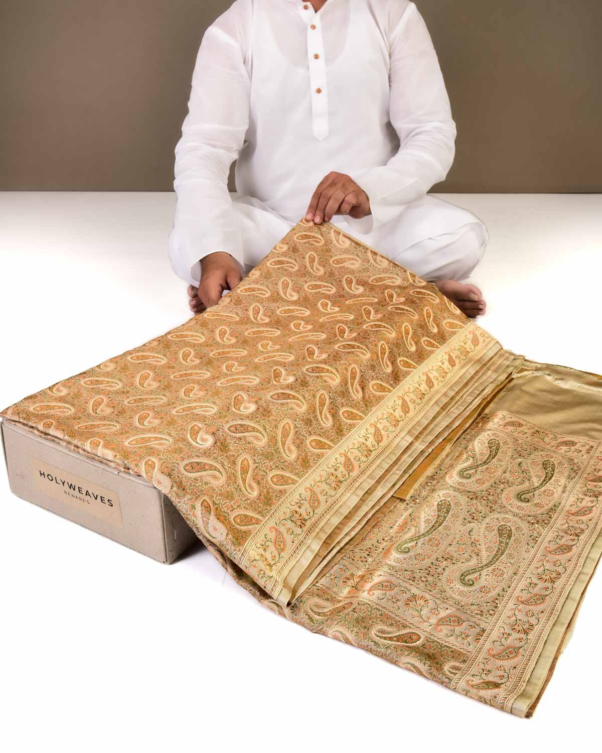 Beige Banarasi Paisely Brocade Handwoven Katan Jamawar Saree with Zari Cutwork-HolyWeaves
