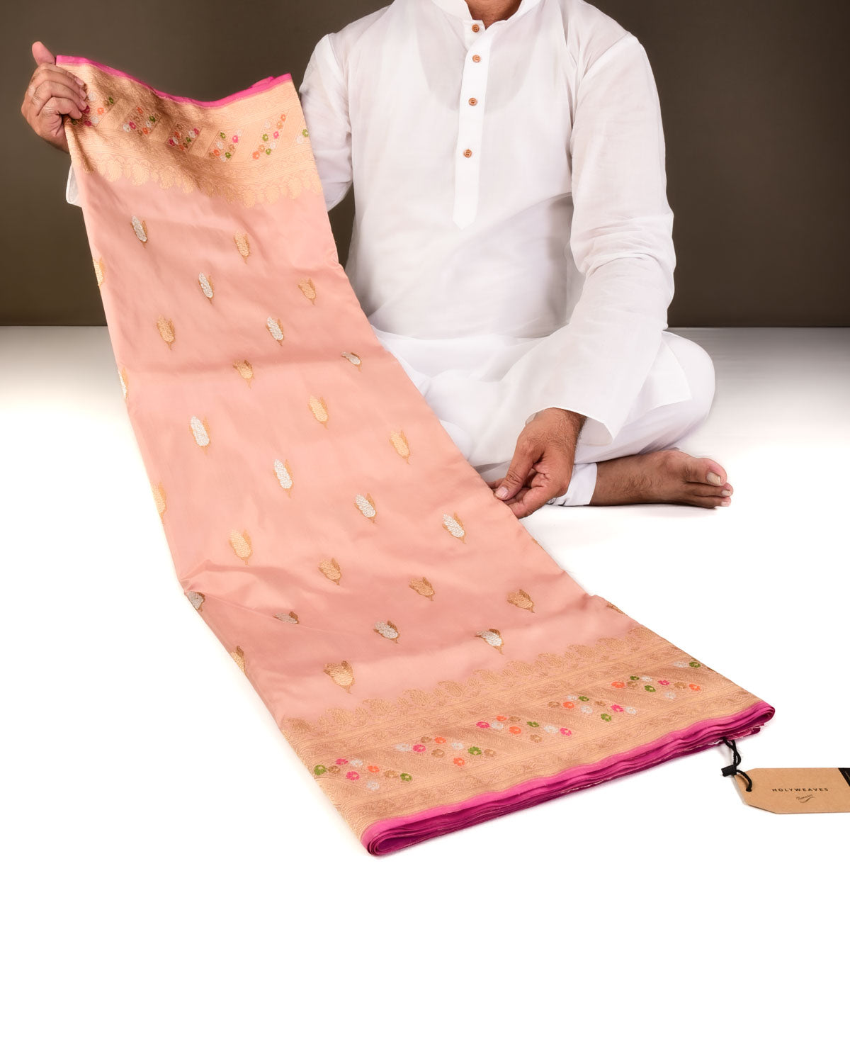 Peach Banarasi Gold Silver & Antique Zari Maize Buta Cutwork Brocade Handwoven Katan Silk Saree-HolyWeaves